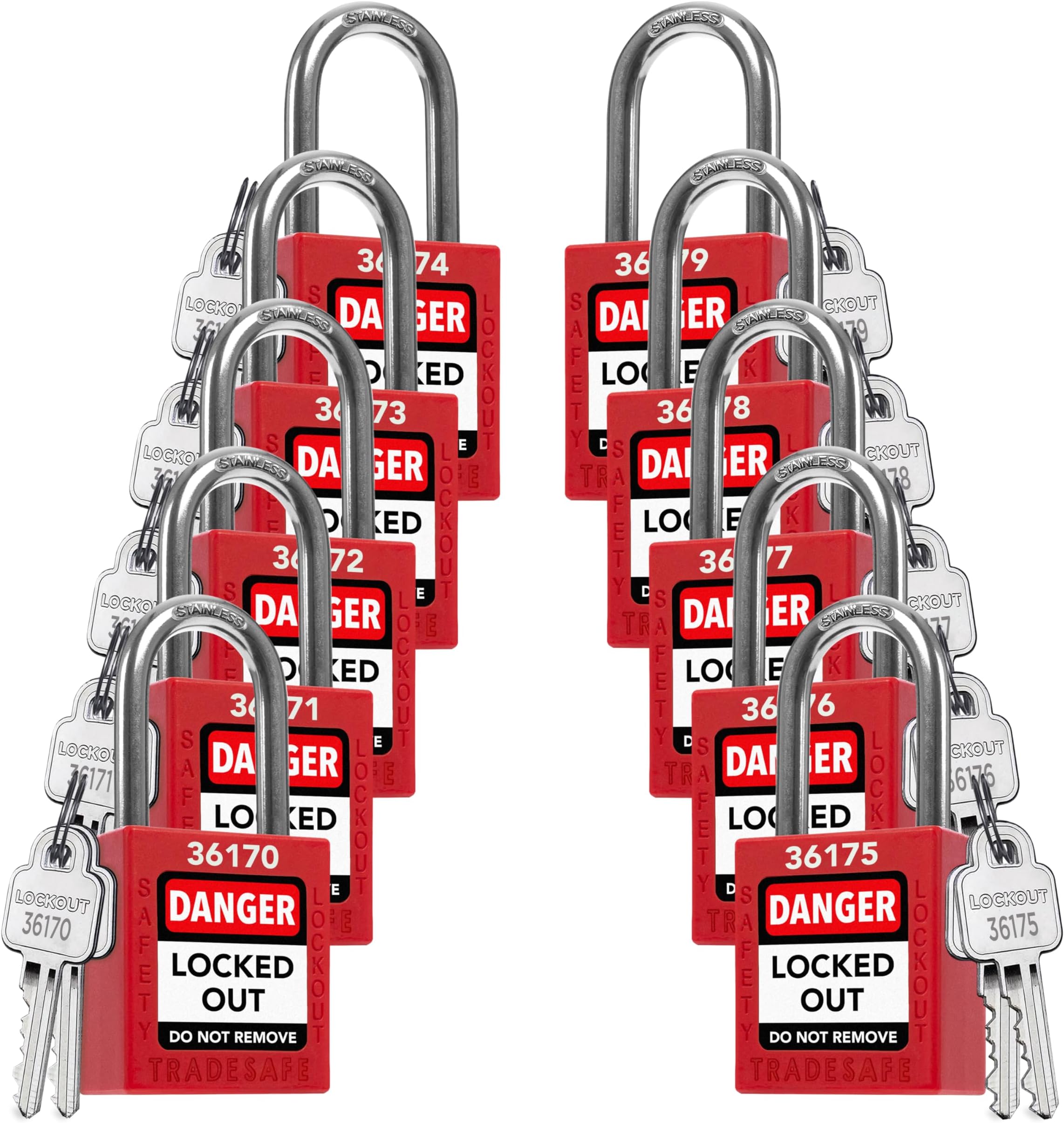 TRADESAFE Lockout Tagout Lock Set - Red - 10 Pack Safety Padlocks Keyed Differently - OSHA Compliant Loto Locks - 2 Keys Per Lock - for Lock Out Tag Out - Premium Grade