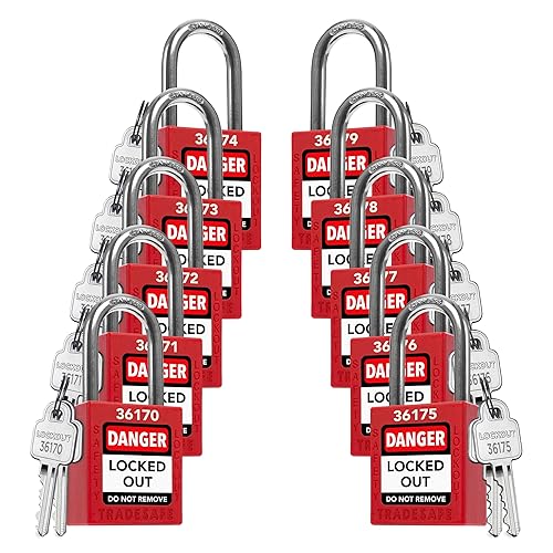 TRADESAFE Juego de cerraduras de bloqueo - 10 cerraduras de loto rojas, cerraduras de bloqueo con llave diferente, 2 llaves por cerradura, candados