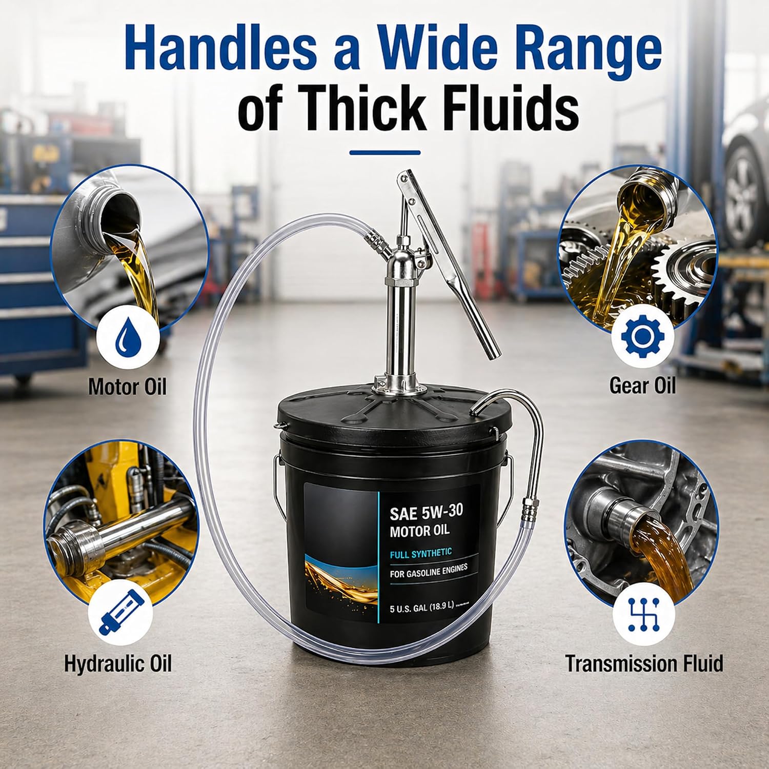 Heavy Duty Lever Action Bucket Pump for 5 Gallon Pails, Extra-Long 4.1ft Fluid Delivery Hose, Manual Gear Oil Transfer Pump for Transmission, Differential & High-Viscosity Fluids