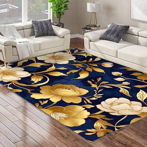 Miniatura 3 de Alfombra antideslizante azul oscuro retro dorado floral acuarela, alfombra de juego para yoga, interior, alfombra de patio, puerta para el hogar,