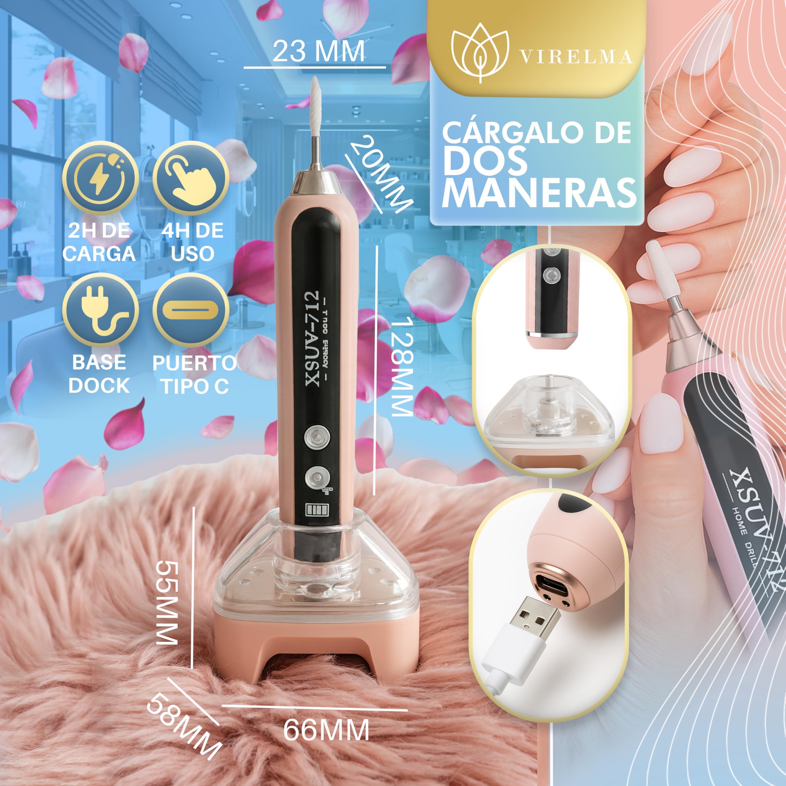 Torno para Uñas Profesional Inalambrico 25000RPM – Lima Eléctrica con Luz UV, Base antideslizante y Pantalla LED | Recargable y portatil para Manicura y Pedicura en Casa o Viajes
