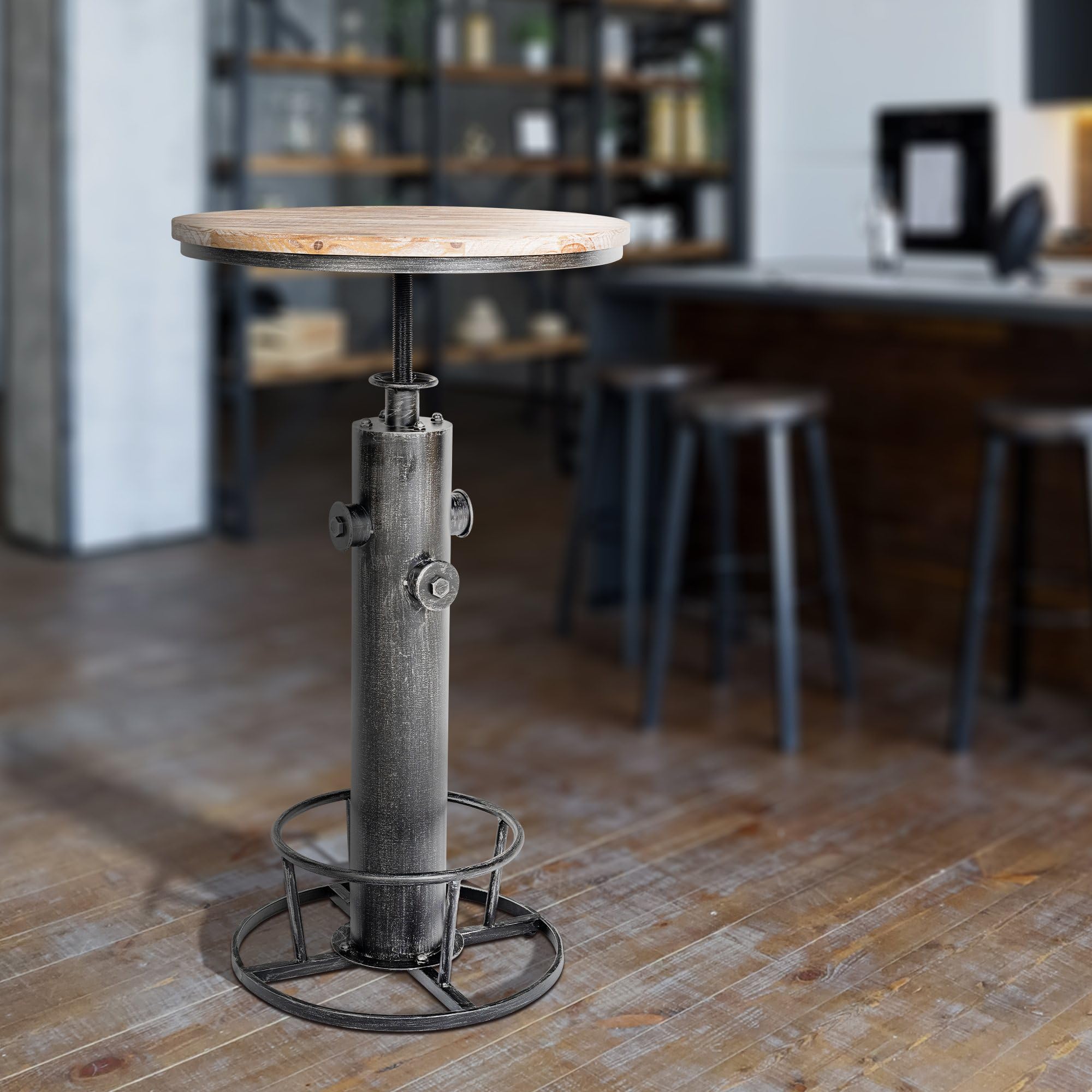 CLP Table Haute Ruhr I Table de Bar réglable en Hauteur avec Repose-Pieds I Structure de Table en métal et Plateau de Table en Bois de pin, Couleur:Argent Antique