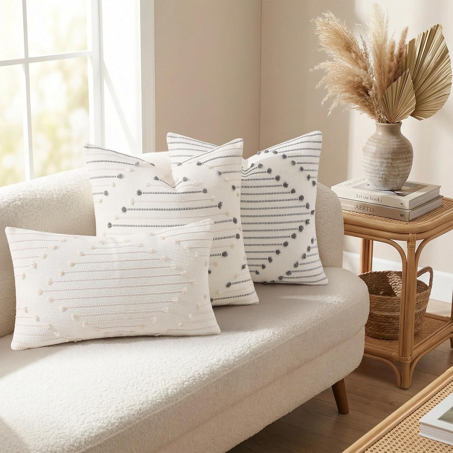 Mecatny Boho Summer Outdoor Throw Pillow Covers 12X20 Set of 2, Farmhouse Lumbar Pillow Covers for Couch Sofa Living Room, Beige & Cream White