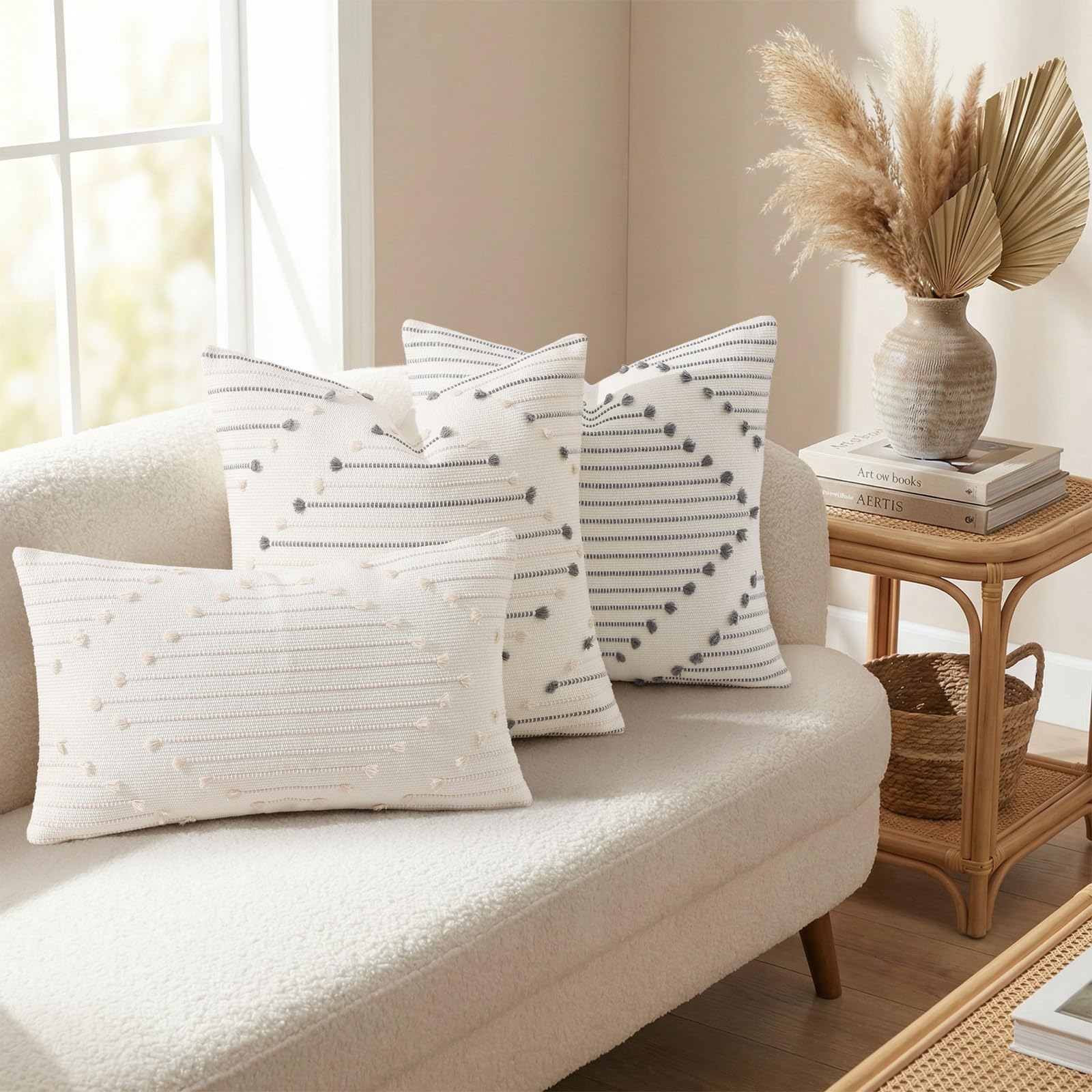 Mecatny Set di 2 federe per cuscini bohémien, beige e bianco, 45 x 45 cm, decorazione moderna neutra, per letto, divano, soggiorno