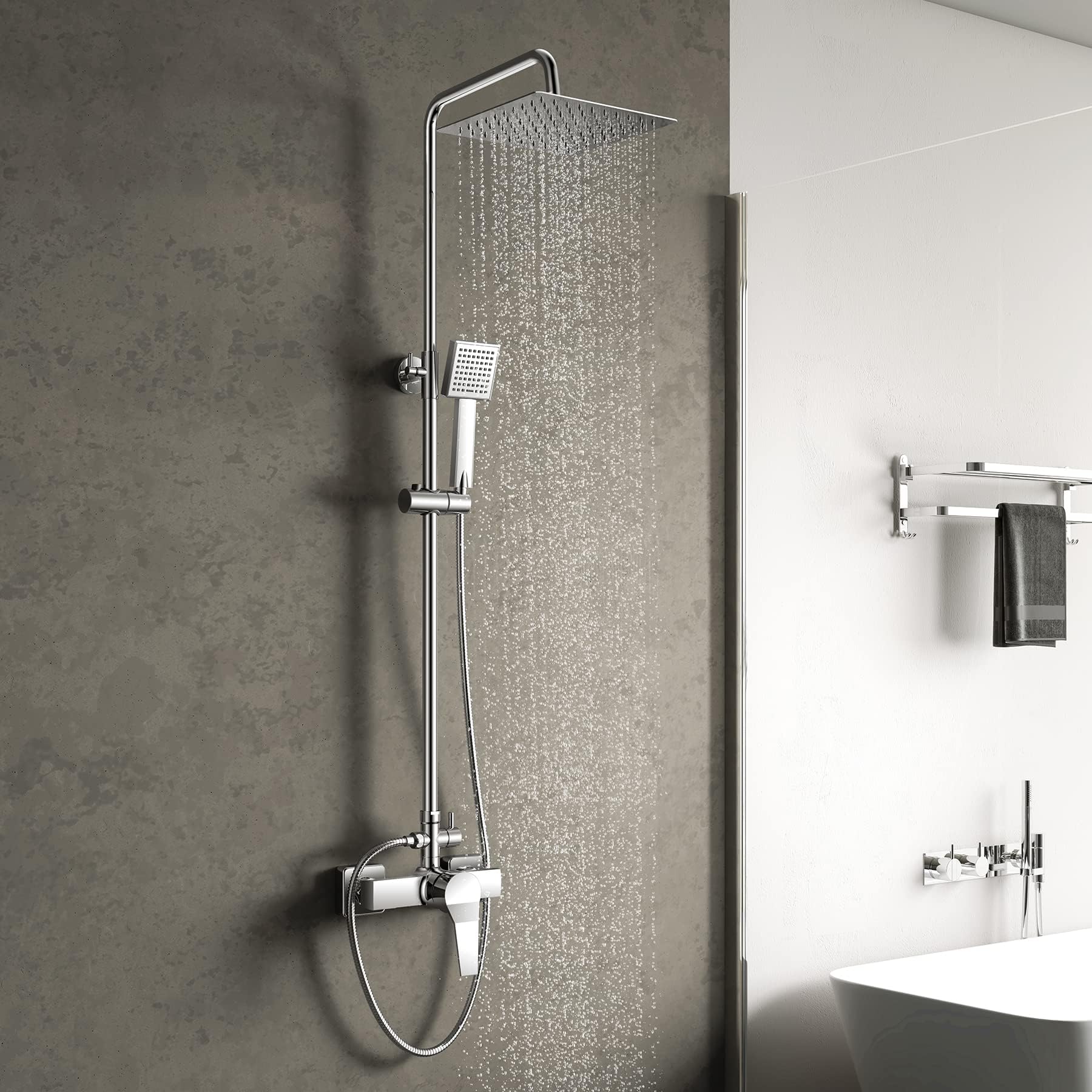 Colonna Doccia Auralum Nera Regolabile 74-109 Cm - Senza Miscelatore, Con Soffione E Doccetta, Per Cabina O Vasca