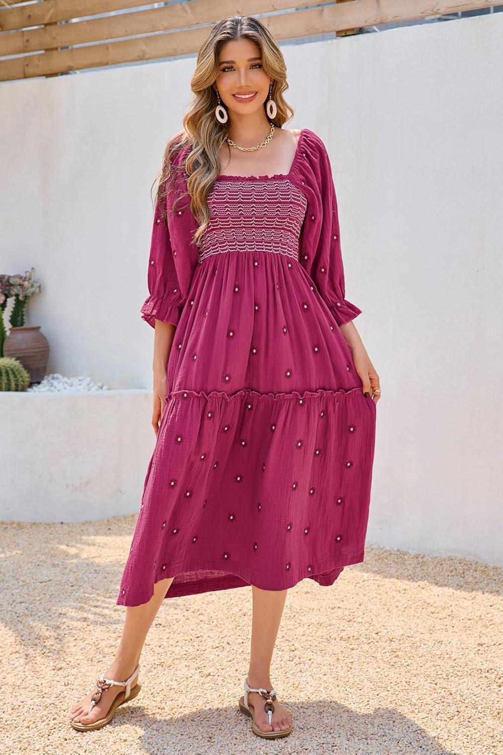 R.Vivimos Women's Long Sleeve Cotton Boho Midi Dress Vintage Square Neck Floral Embroidered Tiered Ruffle Flowy Pockets Dress - Image 4