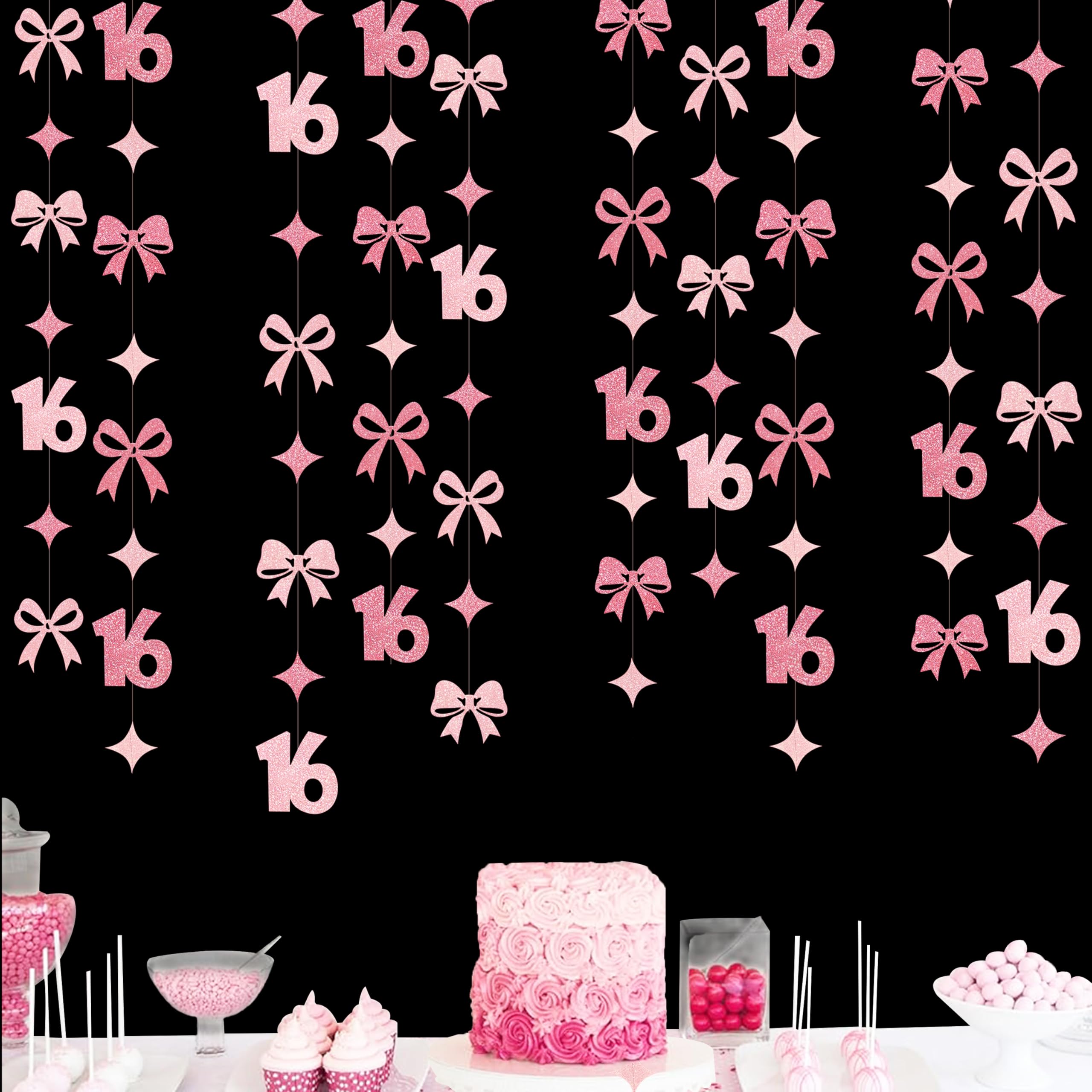 Glitter Pink 16th Bow Birthday Decorations Hot Pink Conquette Bow Garland Streamer Banner Backdrop for Girls Boys Happy 16th Birthday Sweet Sixteen