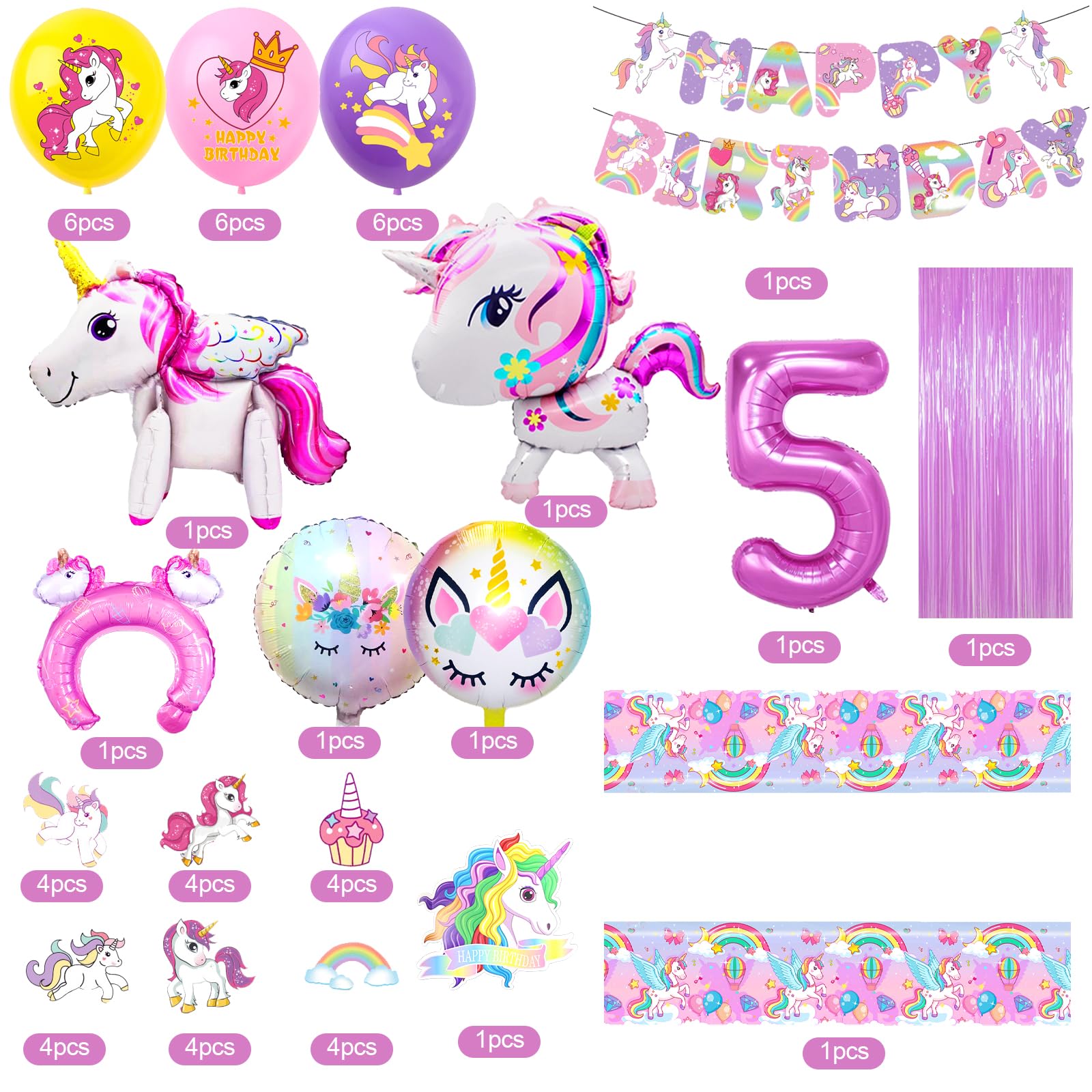 Set Decorazioni 5° Compleanno Unicorno – Palloncini, Striscione E Topper Per Torta, Tema Pastello