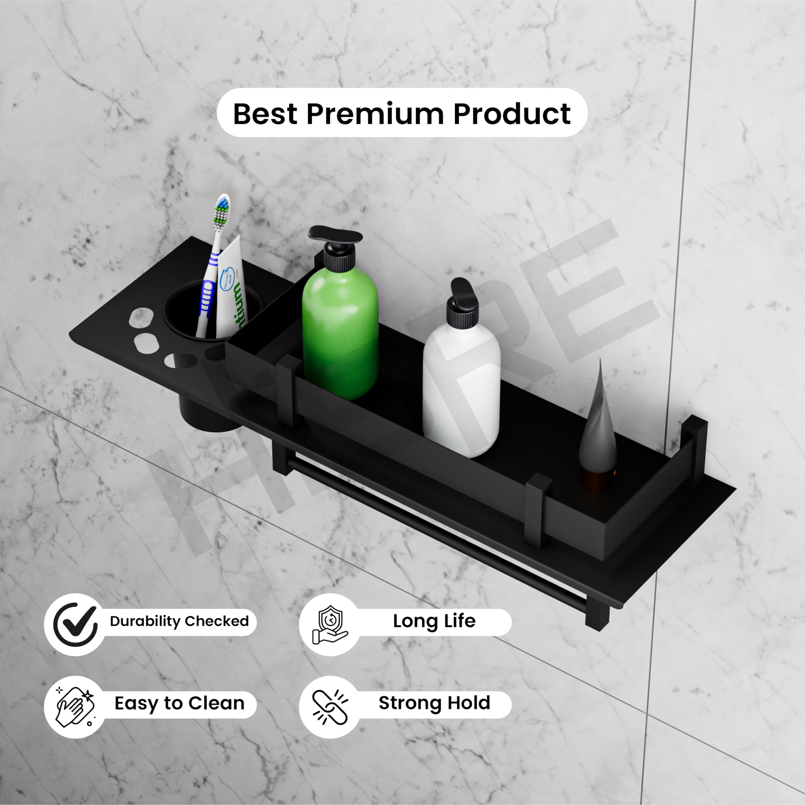 HISRE Wall-Mounted Stainless Steel Bathroom Shelf with Guard Rail & Toothbrush Holder | Modern Chrome Finish Glass Shelf Organizer for Shampoo, Soap & Toiletries (B110), photo 4 of 5