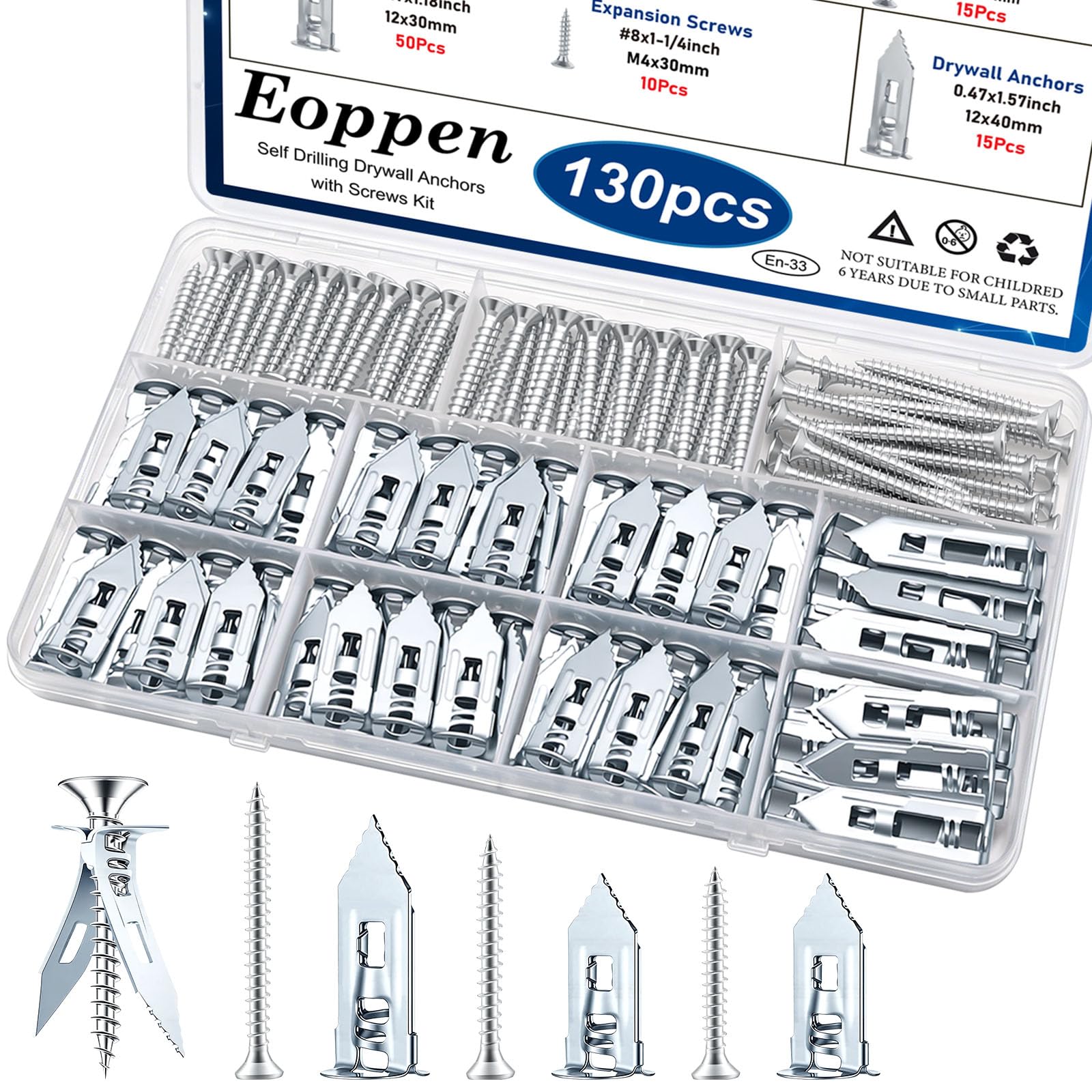 130Pcs Self Drilling Drywall Anchors with Screws Kit, Metal Self Drilling Anchor Screws, 5 Sizes Silver Drywall Grip Anchors and Screws for Sheetrock, Hollow Wall, Picture Frames, Wall Decor
