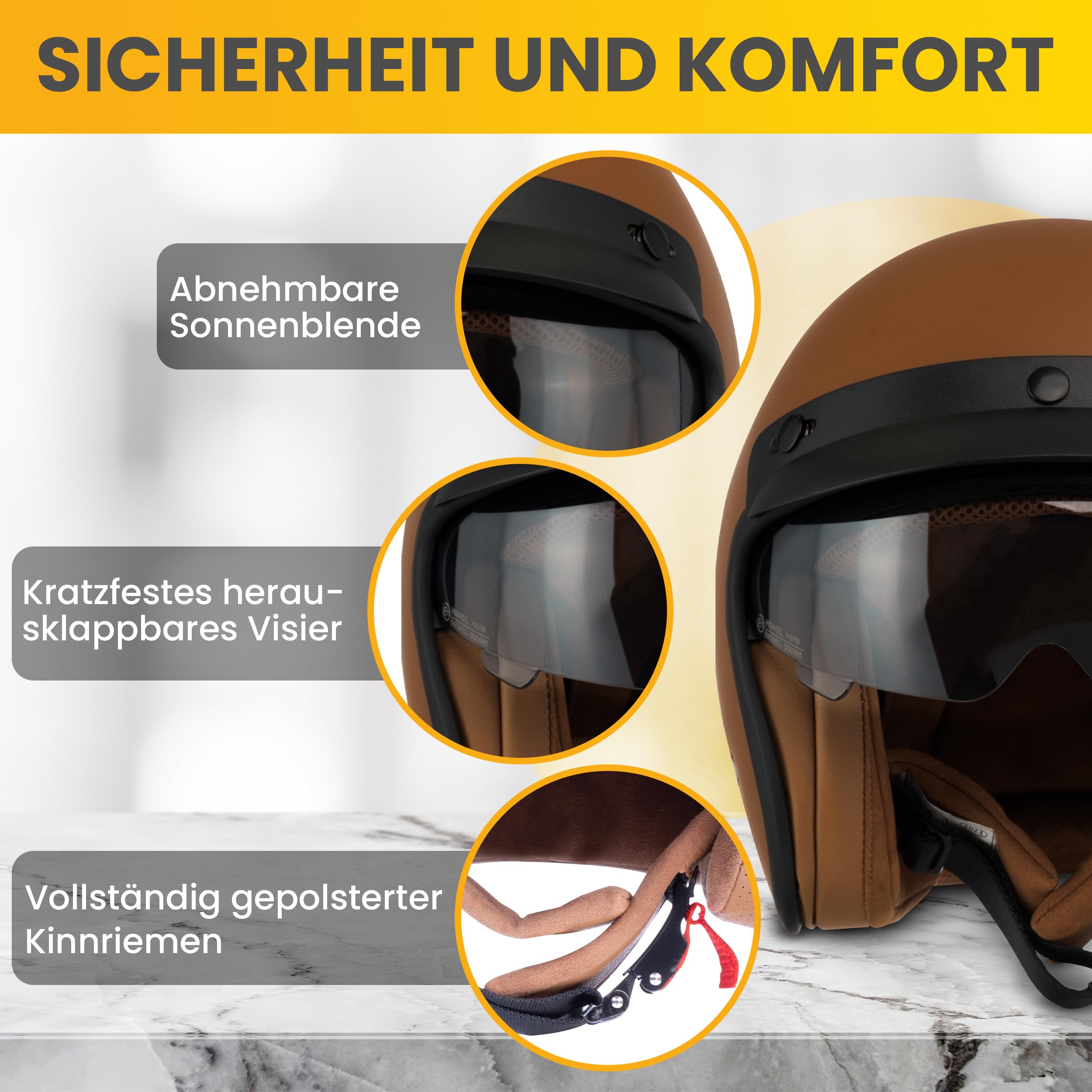 Jethelm mit Visier by BS Way: Hochwertiger Motorradhelm, ECE-Zertifiziert für Herren und Damen - Ideal für Roller, Moped, Mofa und Scooter - Retro Helm Design, Halbschalenhelm Frost Braun