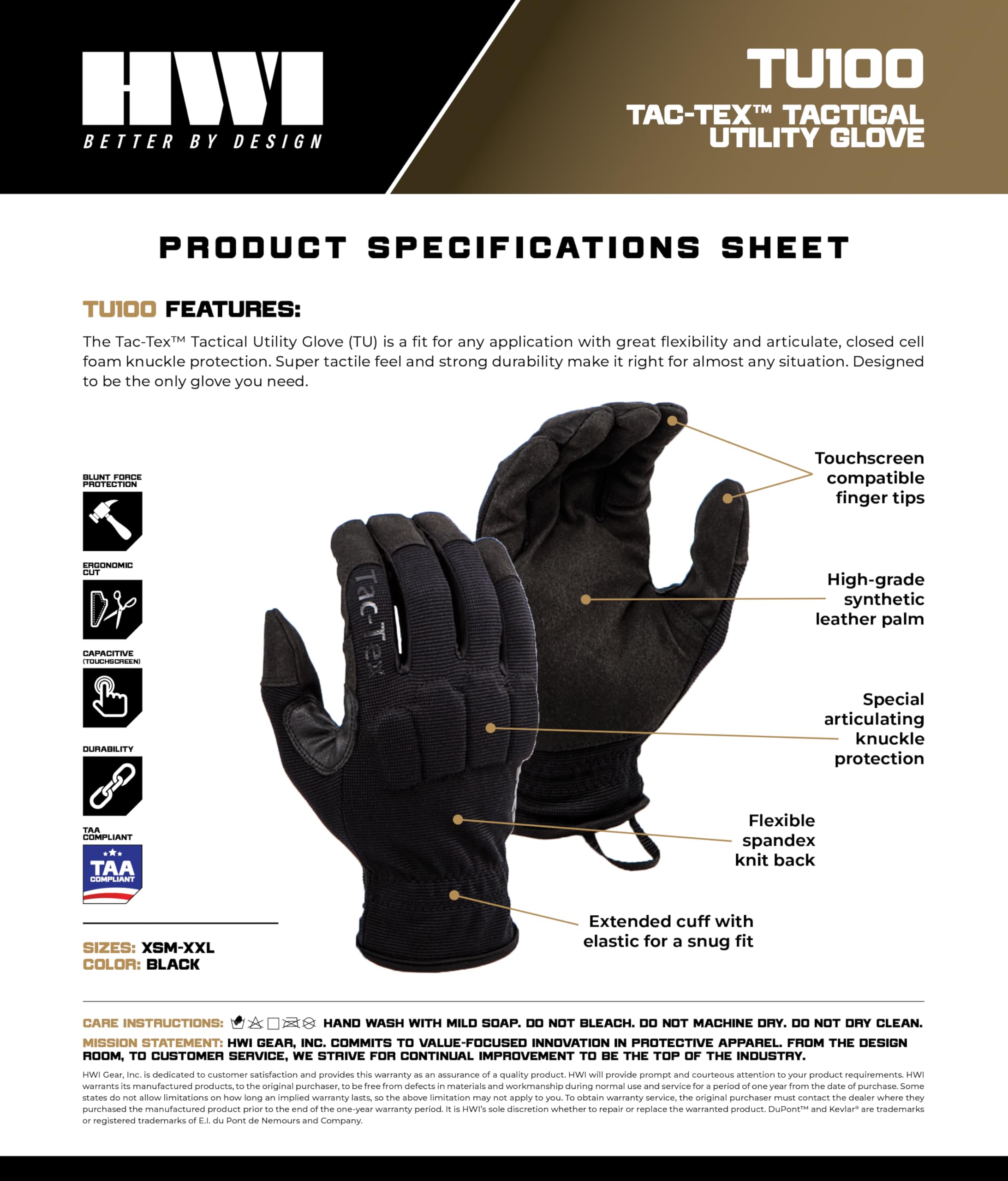 HWI Gear TU100 Tac-Tex Touchscreen Tactical Utility Glove Work, Black Medium