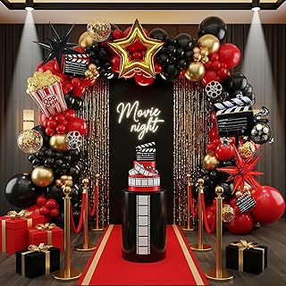 Movie Night Themed Balloon Garland Arch Set 119pcs Red Black Gold with Mylar Camera Stars Popcorn Movie Clapperboard Balloons for Birthday Movie Theme 2025 Graduation Party Decorations