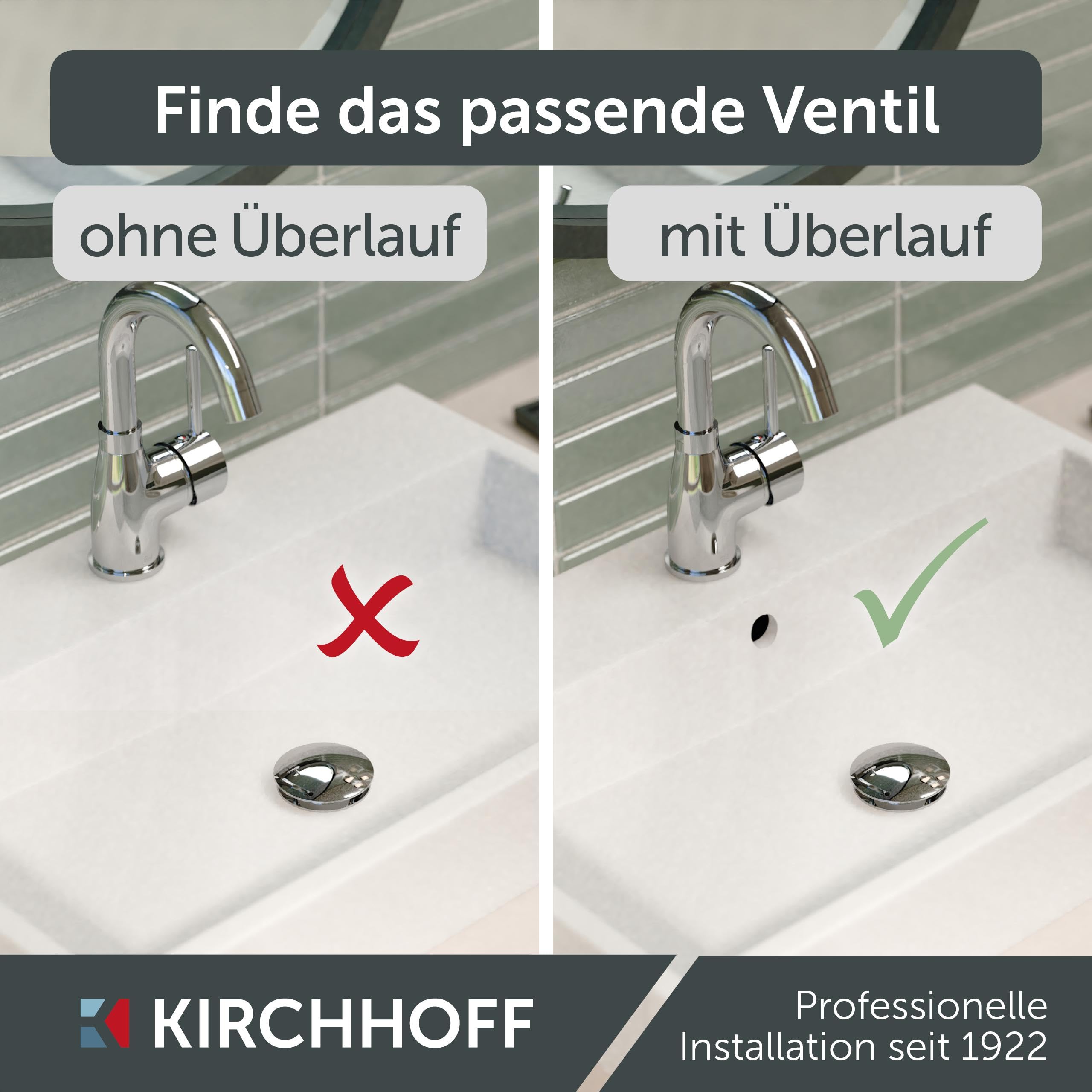 KIRCHHOFF Design Universal Waschbecken Ablaufgarnitur, Pop Up Waschbeckenstöpsel, Ablaufventil mit Überlauf, Abfluss Stöpsel für Badezimmer Waschbecken & Waschtisch, Chrom 98807330 | Pop Up Waschbeckenstöpsel, Ablaufventil mit Überlauf, Abfluss Stöpsel fü