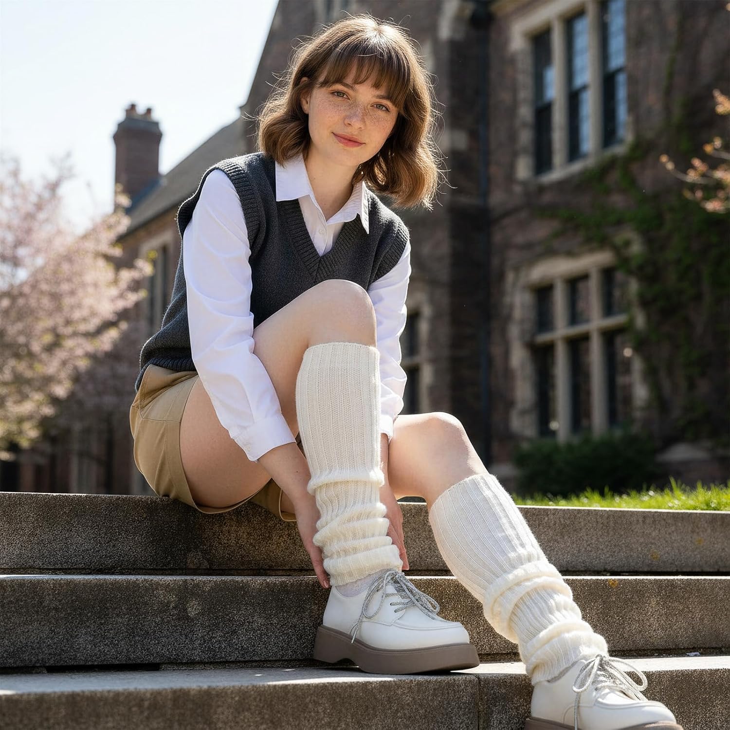 Ouligay Cream Leg Warmers for Women Soft Knit Leg Warmers 80s Ribbed Legwarmers Cute Ruffle Long Boot Socks for Yoga Party Dance Sports - Image 5