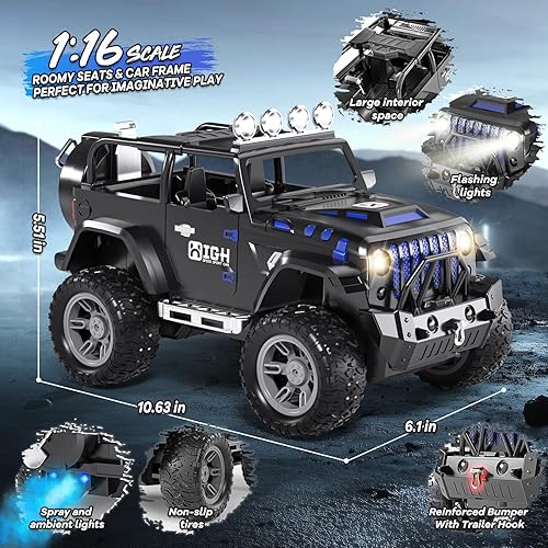 Miniatura 4 de Auto de control remoto 116 con aerosol, luces y sonido, camión de control remoto de 2.4 GHz para niños y niñas, Jeep de automóvil RC todo terreno,