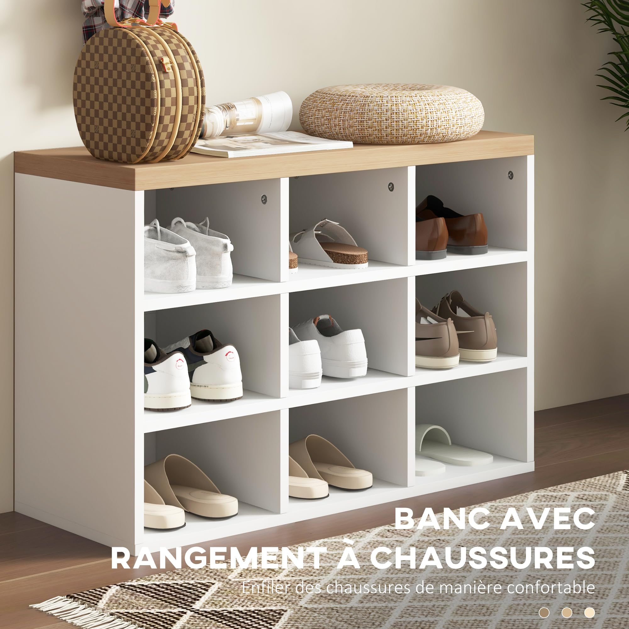 HOMCOM Ensemble Meuble d'Entrée 2-en-1 Porte-Manteau Mural Blanc et Chêne | Banc à Chaussures, Vestiaire, Avec 3 Crochets et 9 Niches, pour Salon, Chambre, Entrée