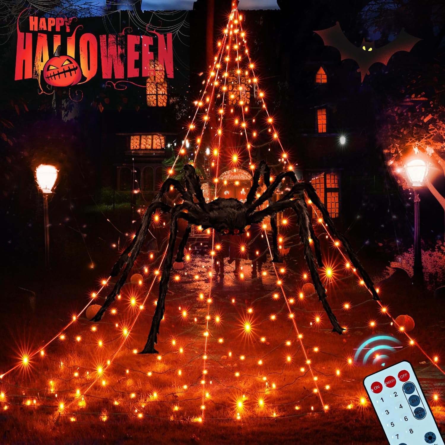 Saffory Halloween Decorations Lights 16.4FT Spider Web, 5FT Giant Spiders,105FT 300 Led Red Lights Waterproof(Remote 8 Modes) DIY for Indoor/Outdoor Porch & Yard Parties Haunted House Decor