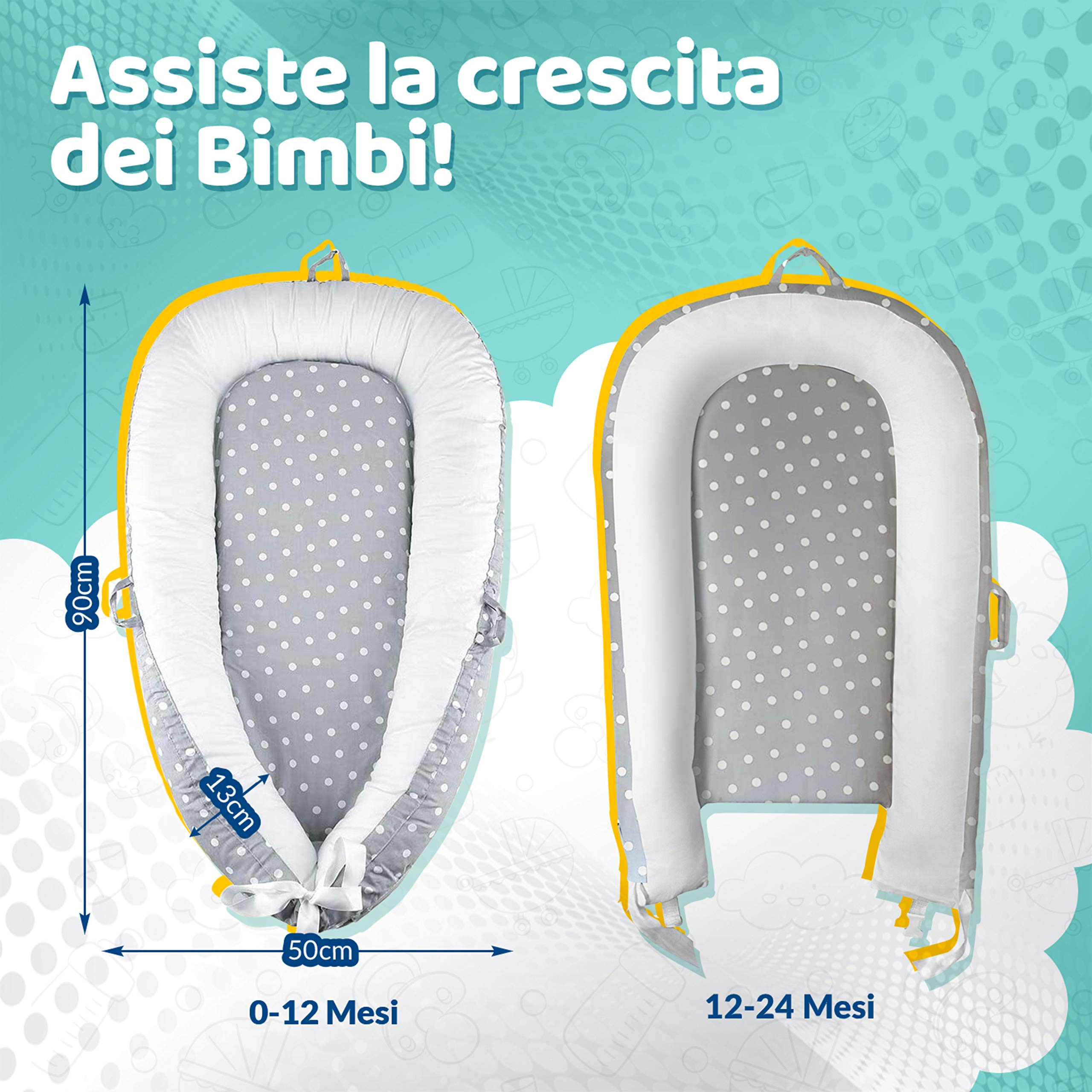Riduttore Lettino Neonato - Riduttore Culla - 100% Cotone - Nido Da Viaggio - Lavabile In Lavatrice - Cuscino Sfoderabile