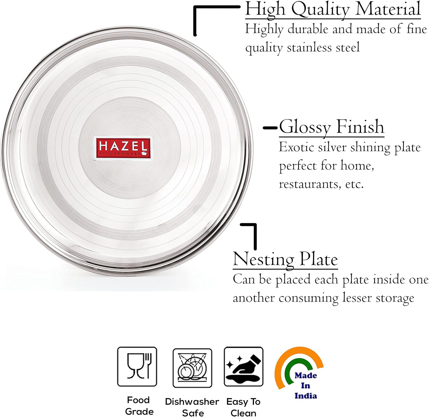 HAZEL Stainless Steel Plate Set for Dinner Launch | Designer Steel Thali Set |Steel Dinnerware, Set of 2, 28.5 cm, Medium