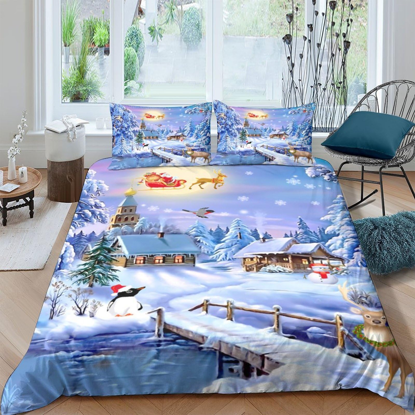Ctjqhvkz Style-9 3D Printed Winter Village Fitted Sheet Microfiber Santa Sleigh Mattress Cover For Bedroom Guest Room Decor Easy Care Single（135X200cm）