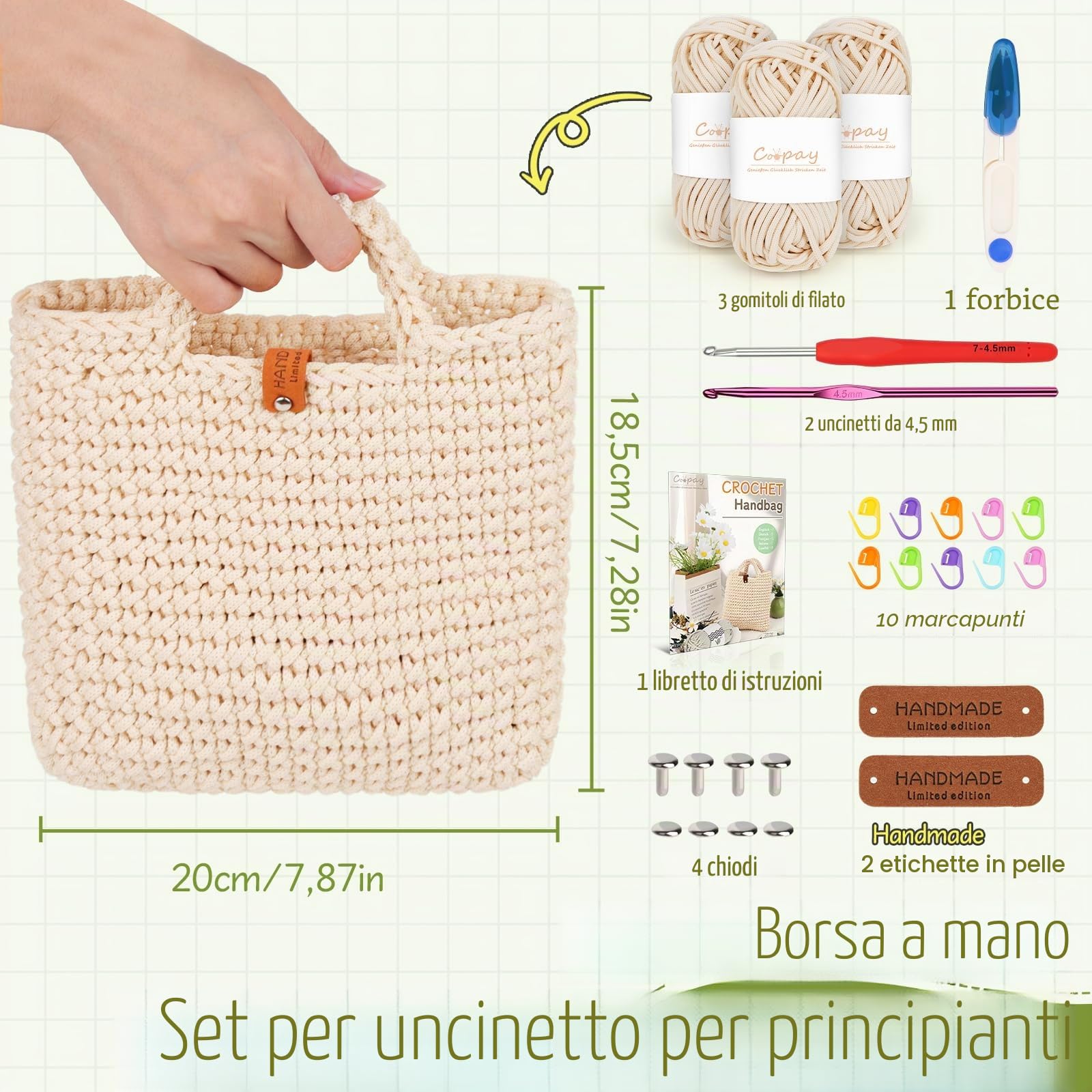 Coopay Set uncinetto per principianti, borsa per uncinetto con ago da 4,5 mm, istruzioni, lana da 5 mm di spessore per uncinetto piccola borsa a mano, regali creativi per figlie, famiglia e amici