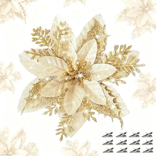 24 flores de Pascua artificiales de Navidad, flores artificiales de Navidad con purpurina de 5.9 pulgadas con clips para árbol de Navidad, corona,