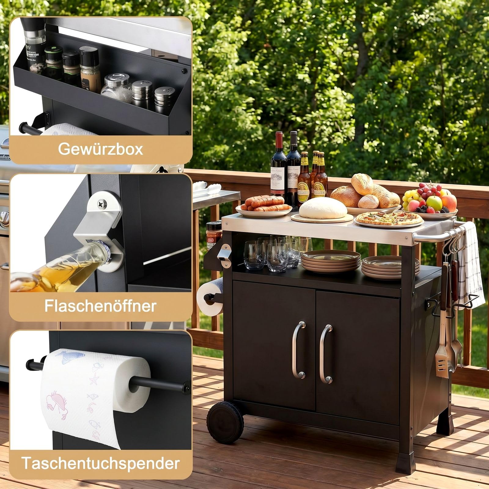 TLSUNNY Grilltisch Outdoor mit Edelstahl Tischplatte | Grillwagen mit Unterschrank, Servierwagen mit 2 Rollen, für Garten, Terrasse, Balkon, Partys, BBQ Beistelltisch