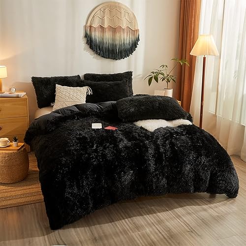Miniatura 2 de Juego de funda de edredón de felpa lanuda negra esponjosa juego de ropa de cama de piel sintética ultra suave juego de cama Queen de 3 piezas con