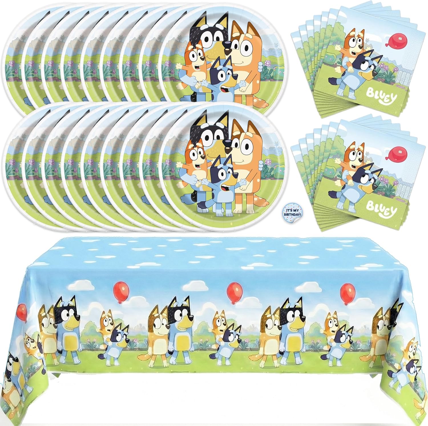 Bluey Birthday Decorations and Party Supplies for 16 Guests | Officially Licensed | Tablecloth, Plates, Napkins, Sticker
