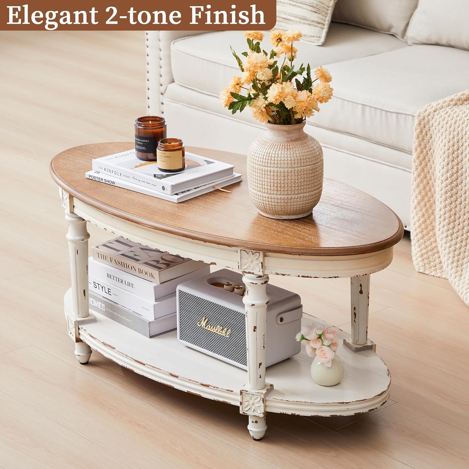 BERRYMERRY 39" French Country Two Tone Oval Coffee Table,Chipped White Vintage 2 Tier Center Table with Storage for Living Room Office,Tool-Free Assembly (White)