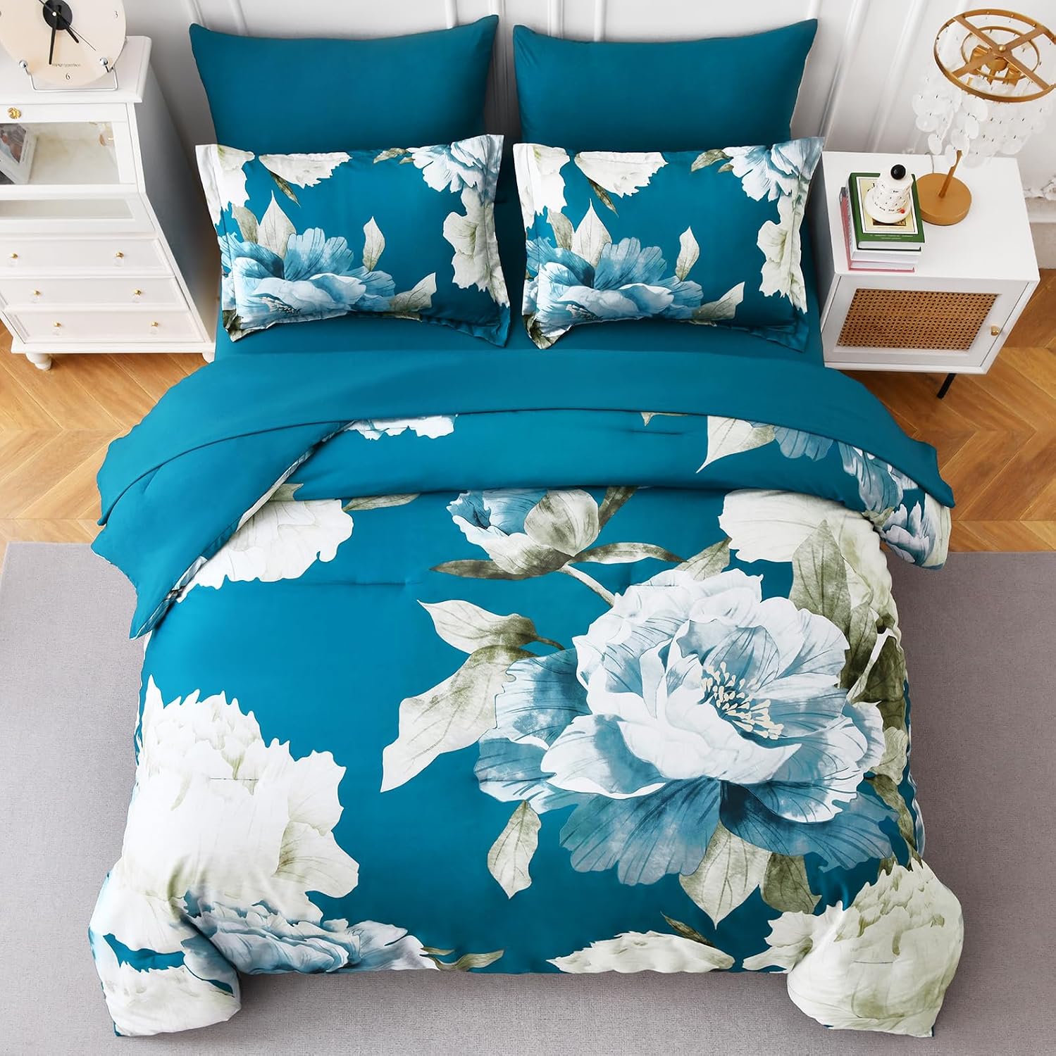 Condition photo showing As Is for dobuyly teal comforter set queen 7 piece bed in a bag, teal blue floral printed comforter set with sheets, soft microfiber botanical complete bedding set for all season queen teal blue