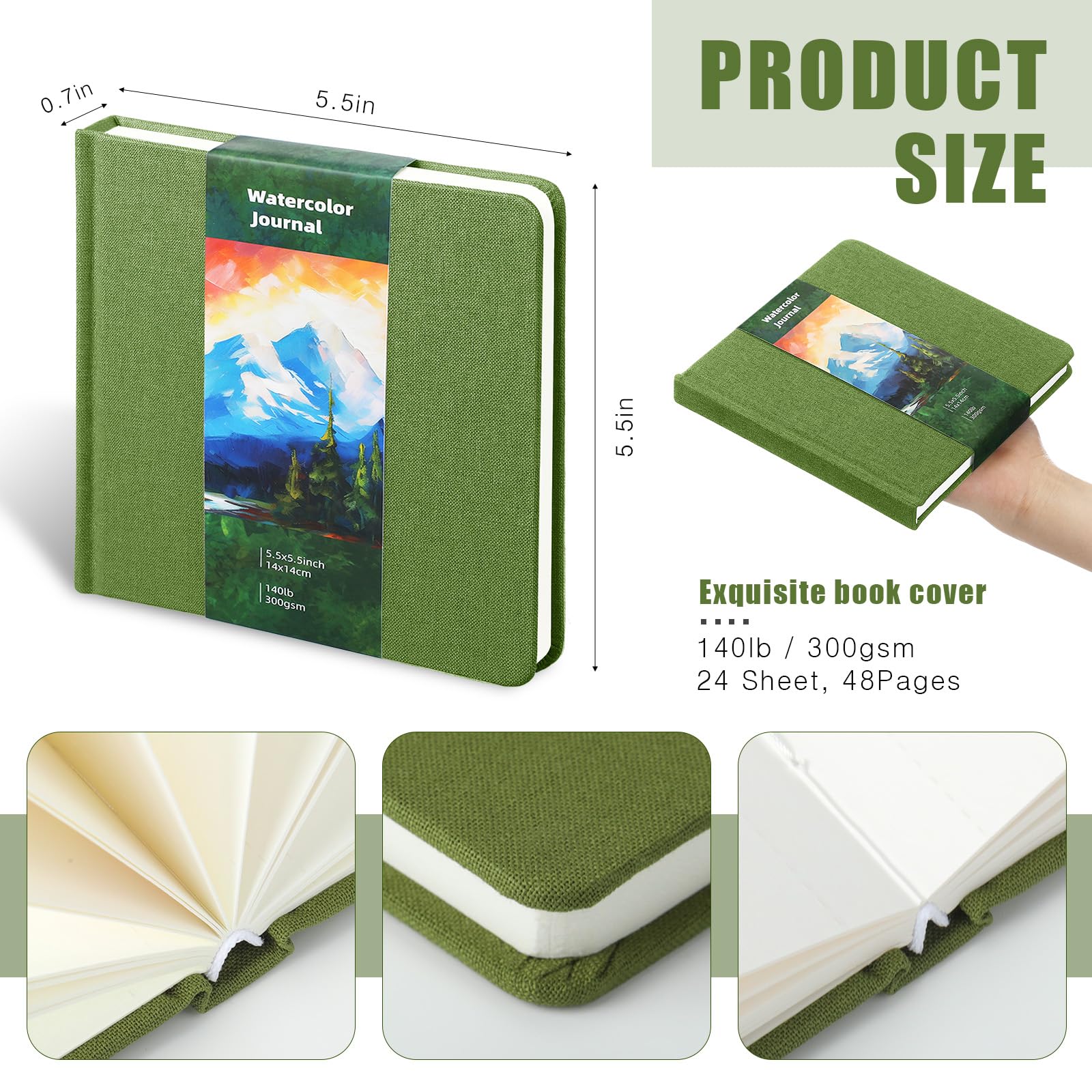 Dispowreath 5.5 x 5.5 in Watercolor Sketchbook Journal Square Watercolor Notebook Cold Press 140lb 300gsm Cotton Paper 48 Pages Journals Notebook Paper Pads(Christmas Green)