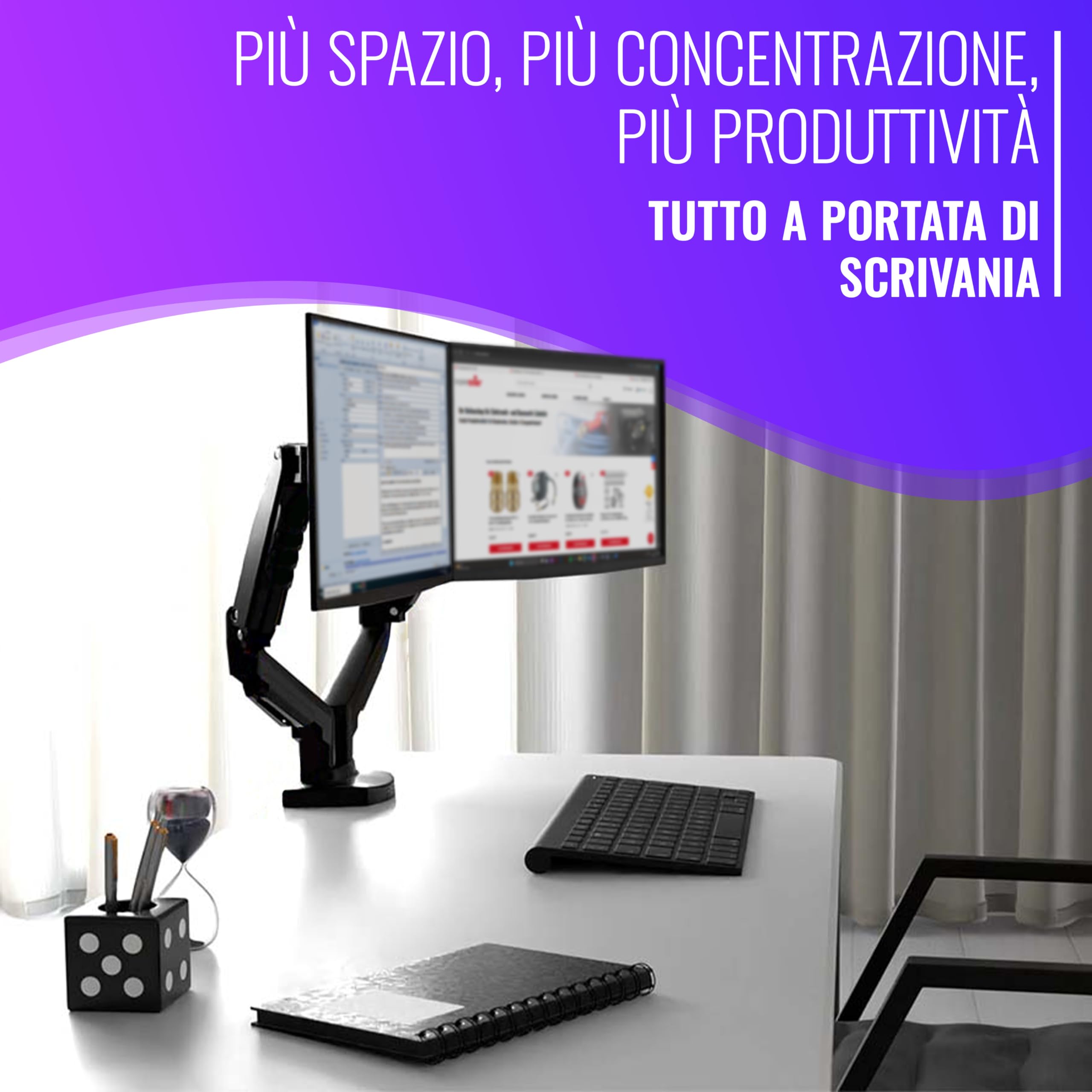 Poppstar Braccio monitor doppio regolabile in altezza per 2 monitor da 17-27 pollici (braccio 360° orientabile, rotabile, inclinabile) Supporto monitor per PC, nero