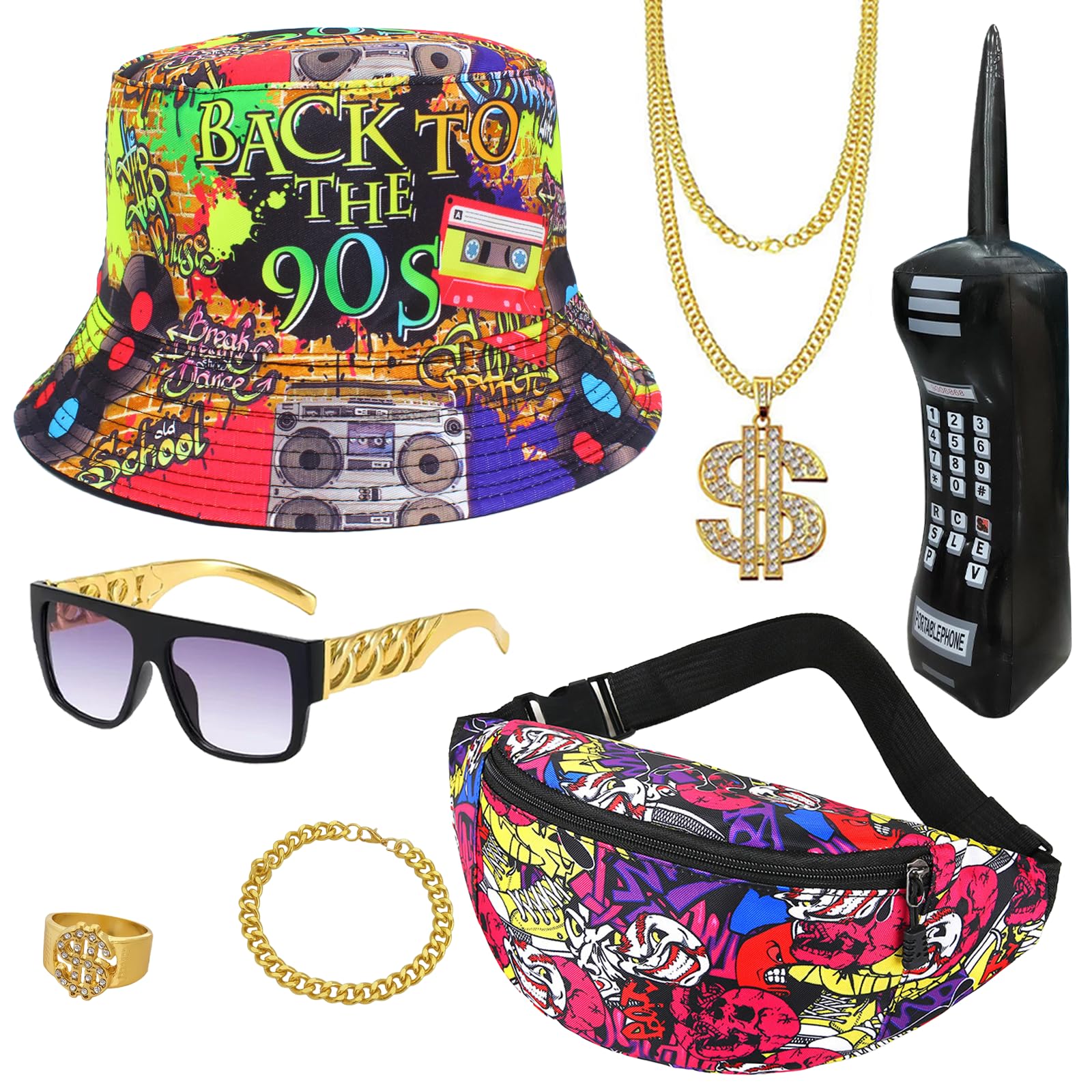 80s 90s Fancy Dress Men Women, 7 Pcs Hip Hop Costume 90s Aaccessories, Bucket Hat Fanny Pack Fake Gold Chain Ring Glasses Inflatable, 90s Hip Hop Disco Fancy Dress for Rave Carnival Halloween Rapper