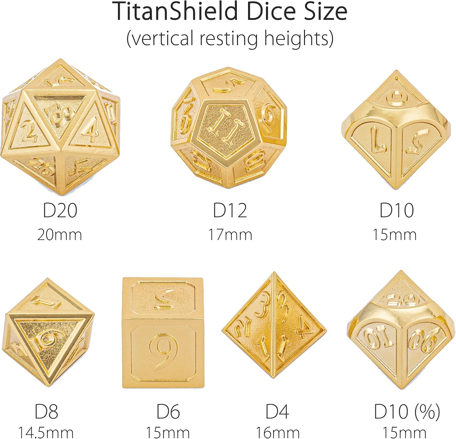 TitanShield Solid Gold Polyhedral Dungeons and Dragons D&D Metal 7-Dice Set