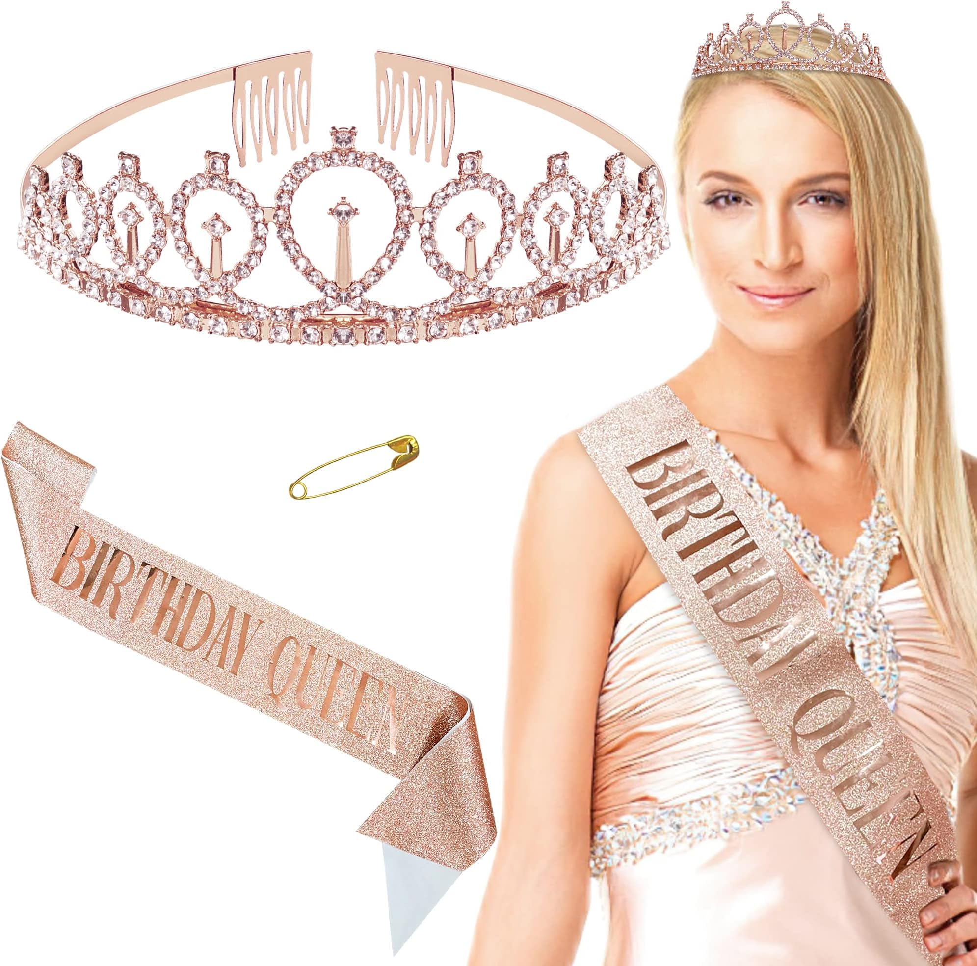 Birthday Crown and Sash for Women, "Birthday Queen" Sash & Rhinestone Tiara Set Glitter Birthday Hair Accessories