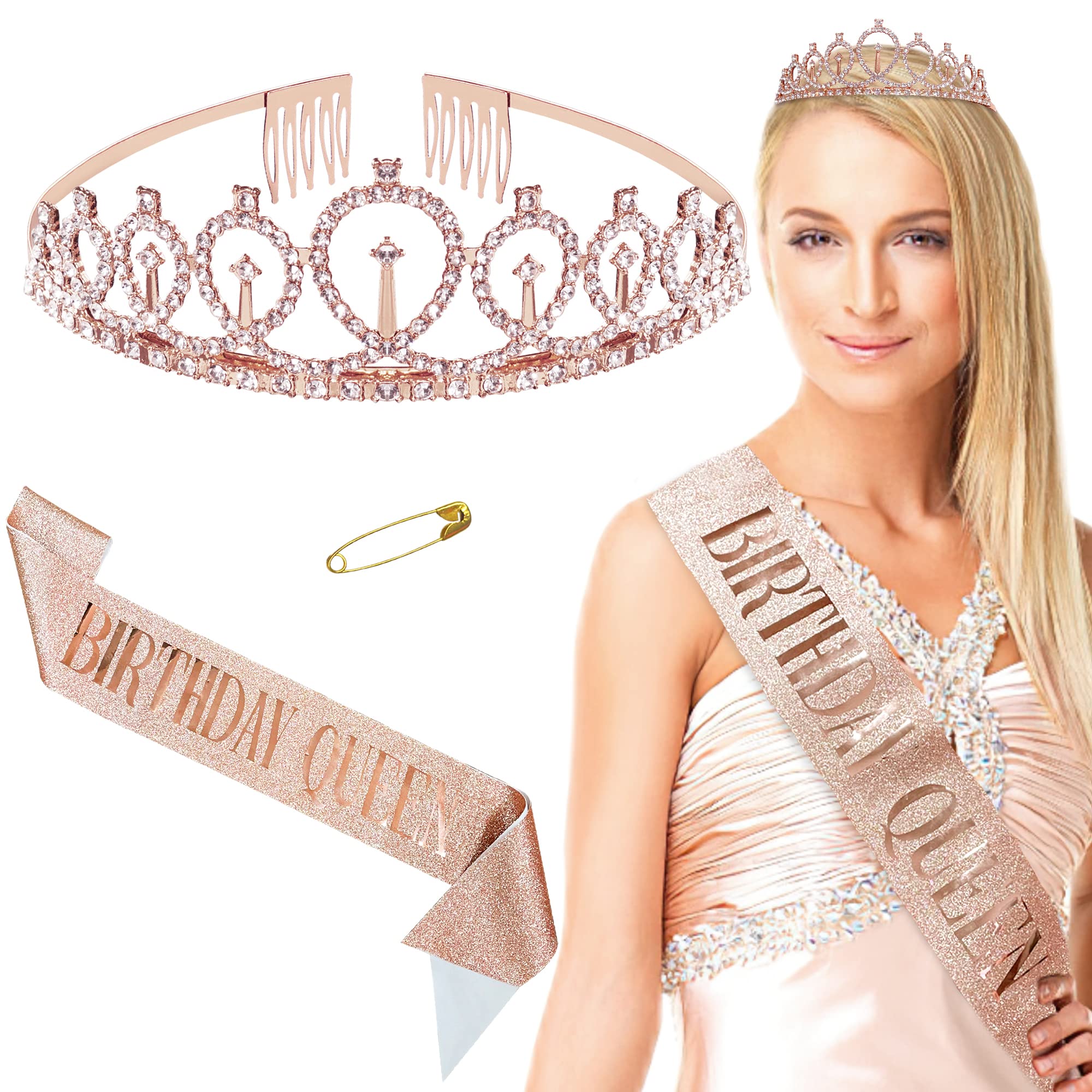 Birthday Crown and Sash for Women, "Birthday Queen" Sash & Rhinestone Tiara Set Glitter Birthday Hair Accessories