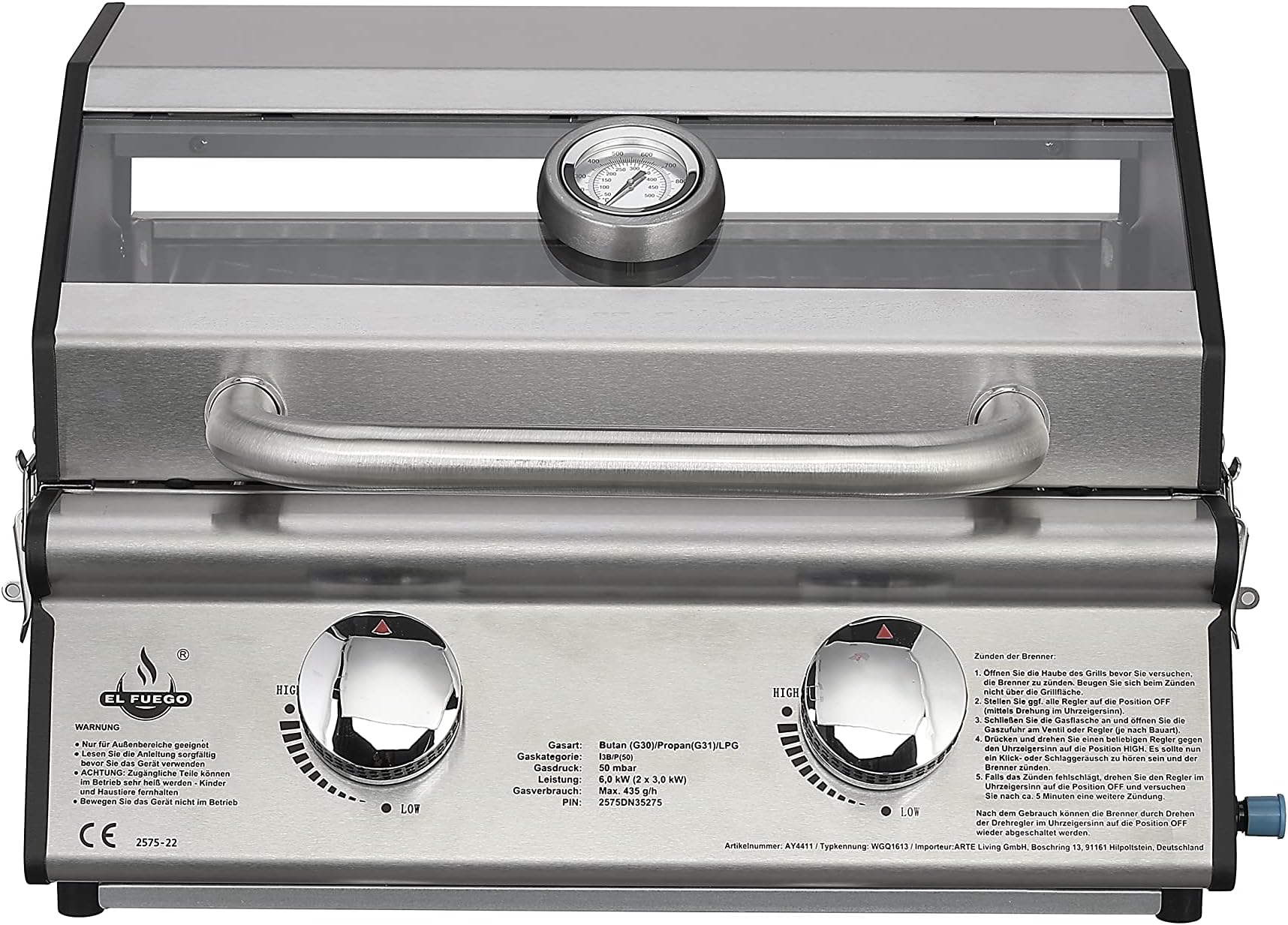 Gasgrill Edelstahl 4 Flammig Mit Rost Und Stahl Pfanne, 81 X 53 X 27 Cm