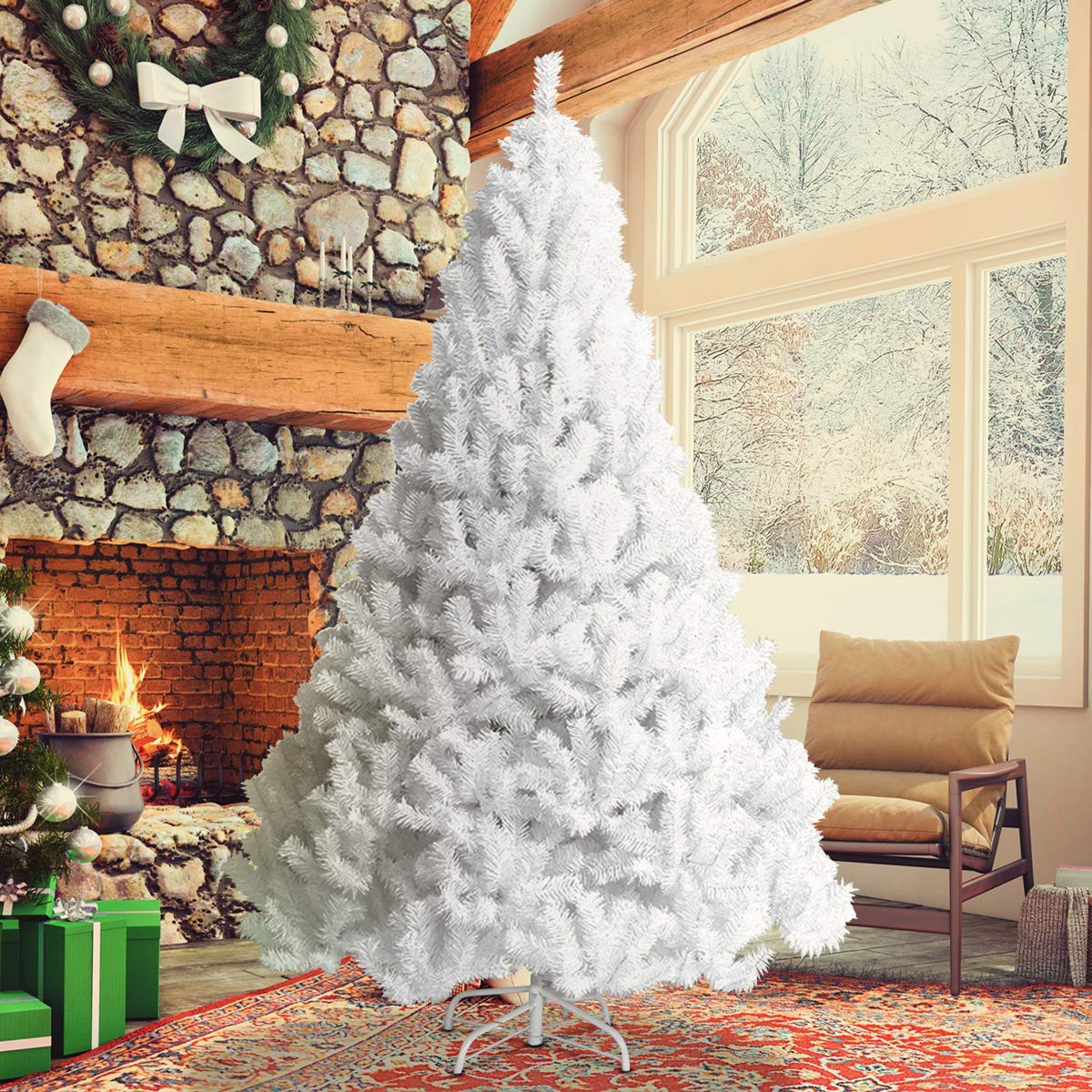 DREAMADE Albero di Natale Artificiale Albero folto in PVC con Supporto in Metallo e Piedi Bianco, Vari Dimensioni (2,1M)