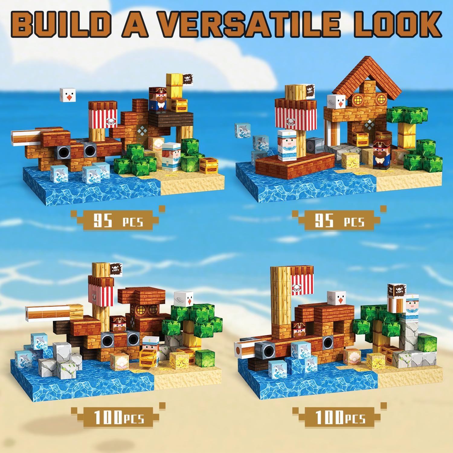 Magnetic Blocks 100PCS Pirate Ship | STEM Educational Building Toys for Kids Age 3+, Creative Stacking Construction Set with 0.8in Magnet Cubes, Birthday Gift for Boys & Girls