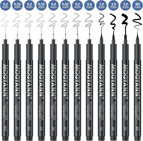 Miniatura 2 de Mogyann - Bolígrafos de dibujo de color negro para dibujar, 12 tamaños, bolígrafos de tinta impermeables para artistas, bocetos, manga, escritura