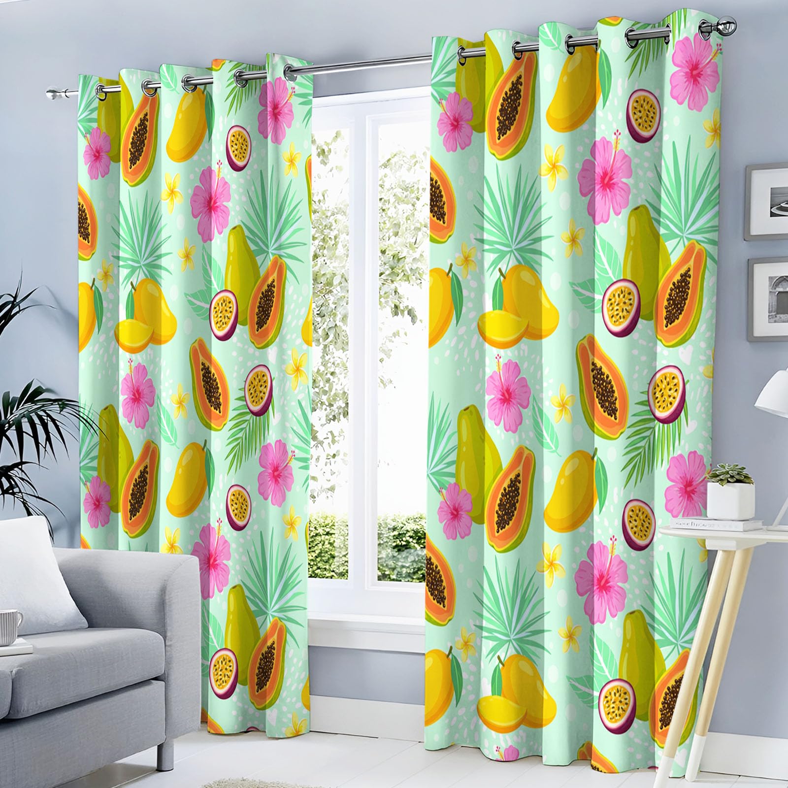 Frutas Tropicales Cortinas Opacas De Diseños Mango Papaya Salon Dormitorio Decoración De La Ventana, 2 Piezas Cortinas Ollaos Verde Claro, Aislantes Frio Y Calo 140An X 245Al Cm