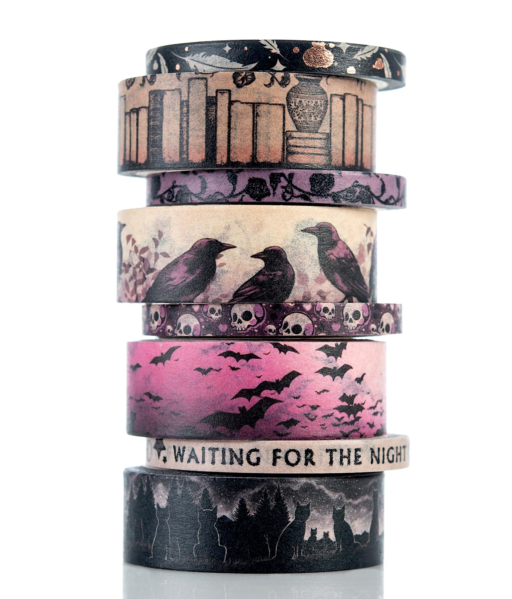 Conquest Journals Waiting for the Night Washi Tape Bundle, 8 Rolls, 4 15mm Rolls and 4 Corresponding 5mm Rolls, Goth Inspired Washi for All Your
