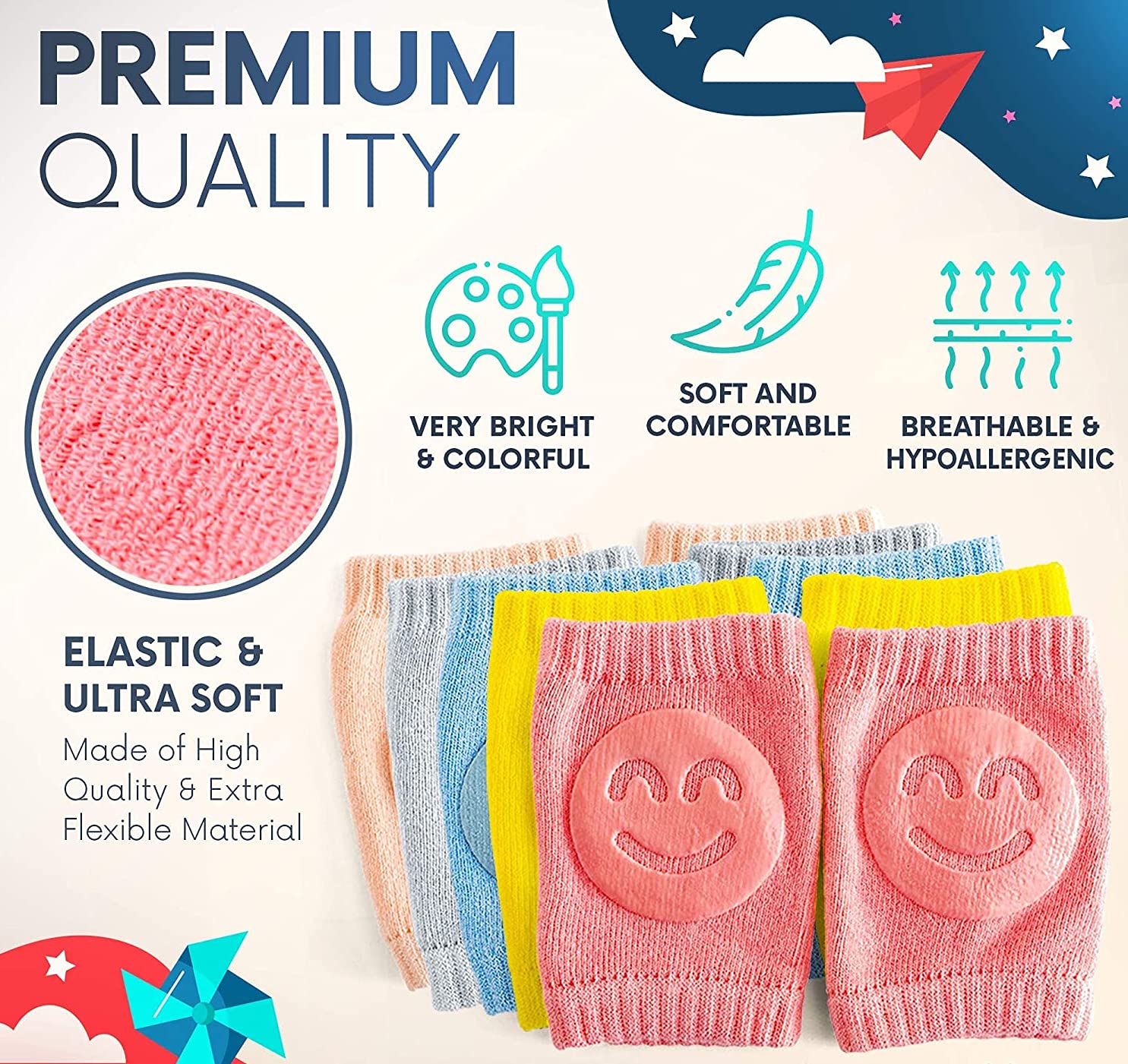 EPISKEY® (Set of 2 Pairs) Baby Knee Pads for Crawling, Anti-Slip/Padded Stretchable Elastic Cotton Soft Breathable Comfortable Knee Cap/Elbow Safety Protector (Smiley) 2 81JLKV6RdML. SL1485