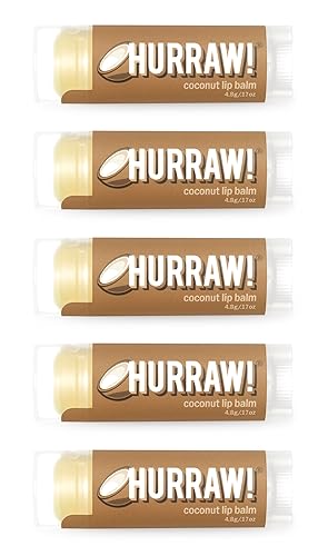 Hurraw! Bálsamo labial de coco, paquete de 5 orgánico, certificado vegano, sin crueldad y sin gluten. Sin OMG, ingredientes 100% naturales. Sin