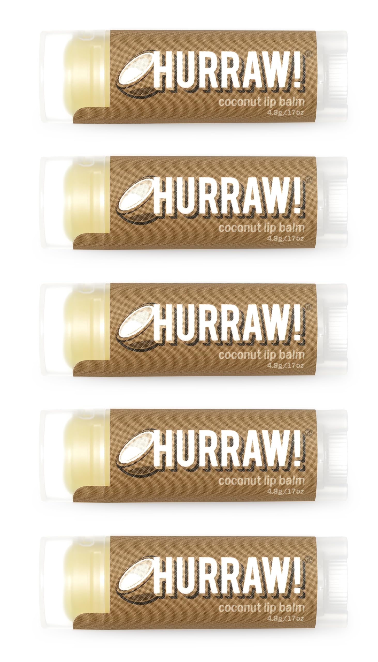 Hurraw! Coconut Lip Balm, 5 Pack: Organic, Certified Vegan, Cruelty and Gluten Free. Non-GMO, 100% Natural Ingredients. Bee, Shea, Soy and Palm Free. Made in USA