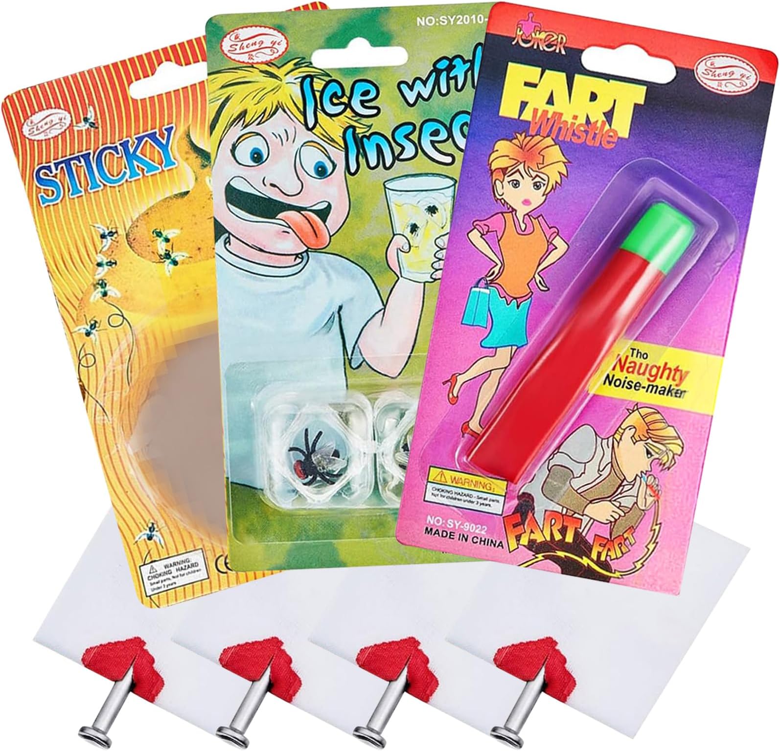 Gejoy8 Pieces Classic Joke Toys Set Joke Party Bag Fillers, Include 5 Pieces Fake Nail Through Finger, Frozen Flies, Fart Whistle and Fake Prank Dog Poo for Boys and Girls