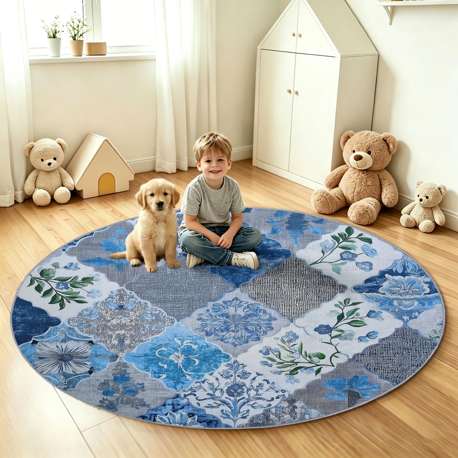 Antypoślizgowy okrągły dywan, niebieski 100 cm | Vintage, miękki z krótkim włosiem, można prać w pralce - geometria siatki na rośliny idealna do salonu, pokoju dziecięcego, jadalni lub jako dywanik do