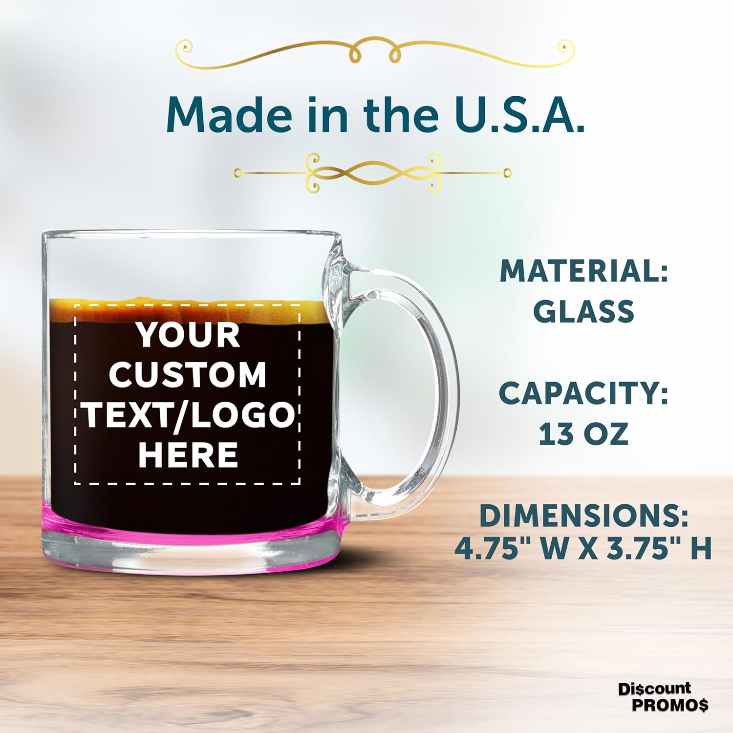 DISCOUNT PROMOS Custom Clear Glass Coffee Mugs 13 oz. Set of 10/50/100, Personalized Bulk Pack - Perfect for Coffee, Tea, Espresso, Hot Cocoa, Other Beverages - Pink Bottom